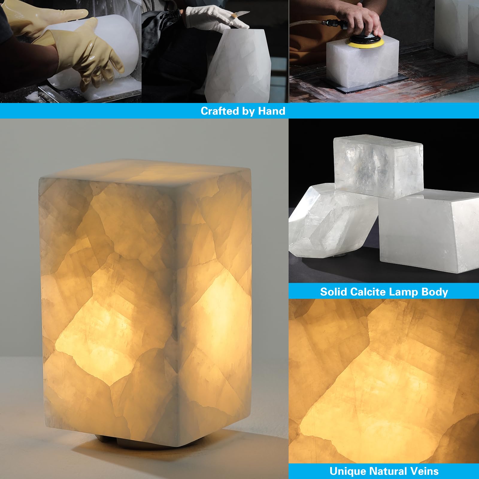 Natural Solid Stone Table Lamp with One-of-a-Kind Crystal Texture, Small Accent Lamp with 3 Colors Dimmable LED, Unique Lamp for Bedroom Living Room, Cuboid White