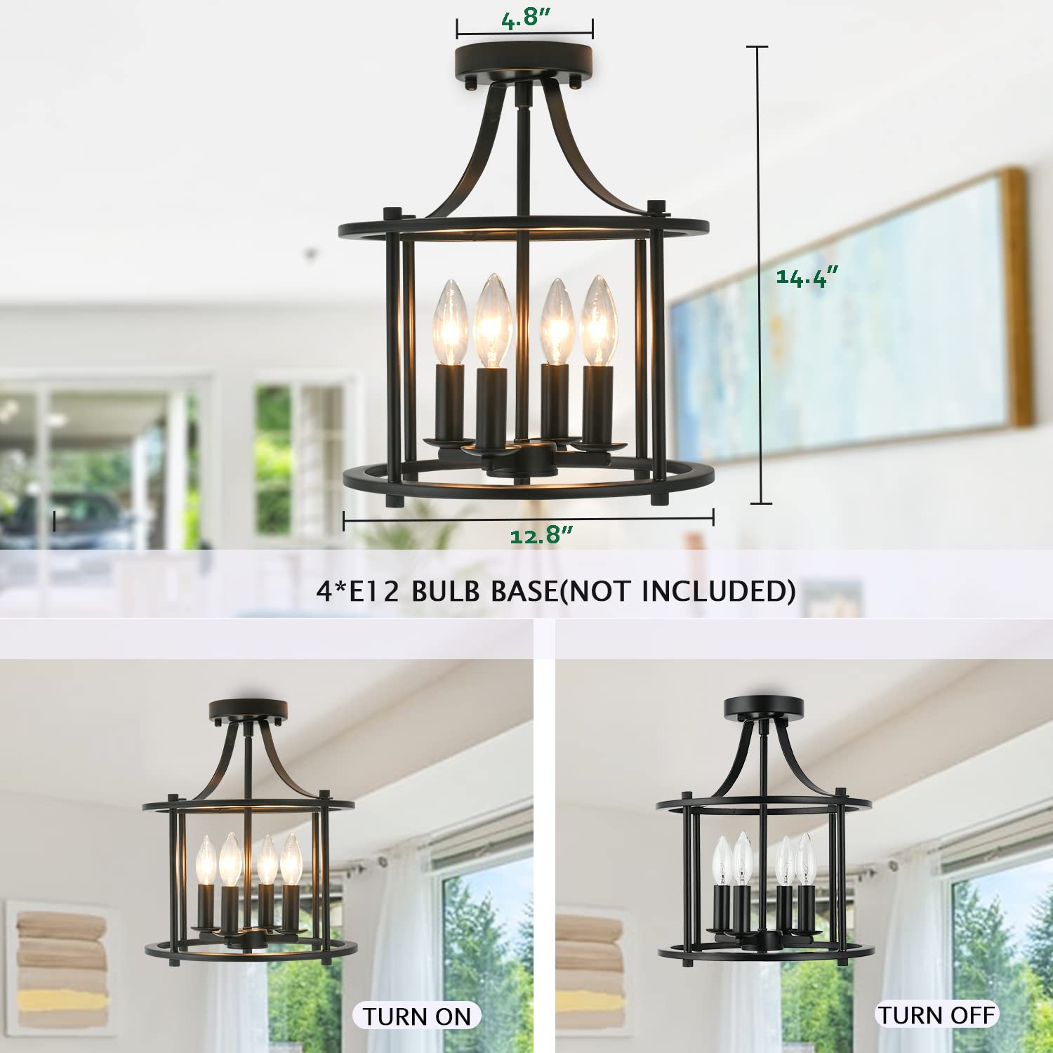 Farmhouse Semi Flush Mount Ceiling Light Fixture,4-Light Industrial Ceiling Light Matte Black E12 Metal Rustic Vintage Chandelier Lighting for Kitchen Dining Room Hallway Entryway Bedroom