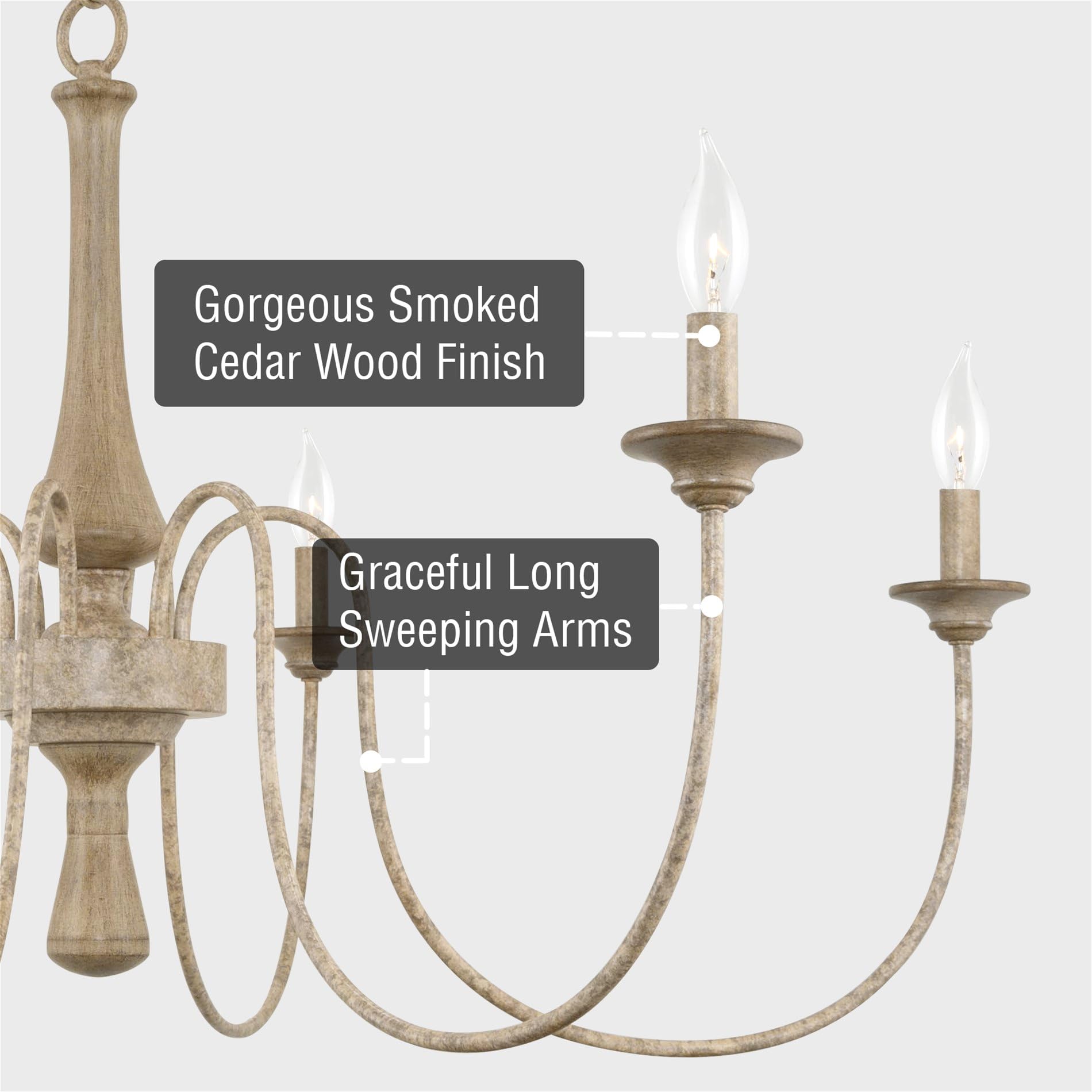 Sherbrooke 44" 6-Light French Country Chandelier, Adjustable Height, Smoked Cedar Style Wood + Rustic Metal Finish