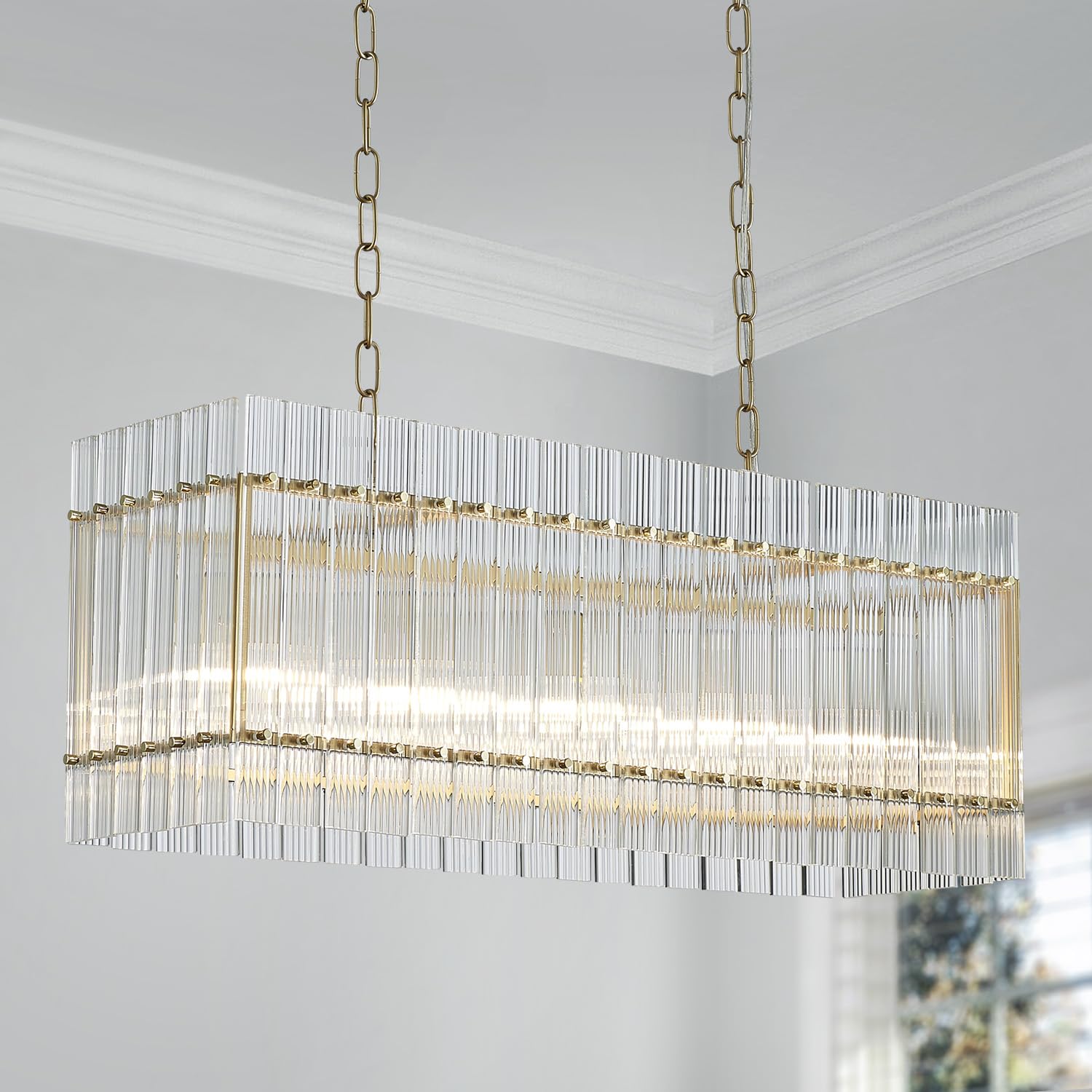 Saint Mossi 21032 Drum Chandelier Light Fixture, Doule Layer Middle Century Modern Design, with 5-Light, D18 x H10, Adjustable 59" Chains, Ripple Glass Shade & Gold Finish Metal Frame