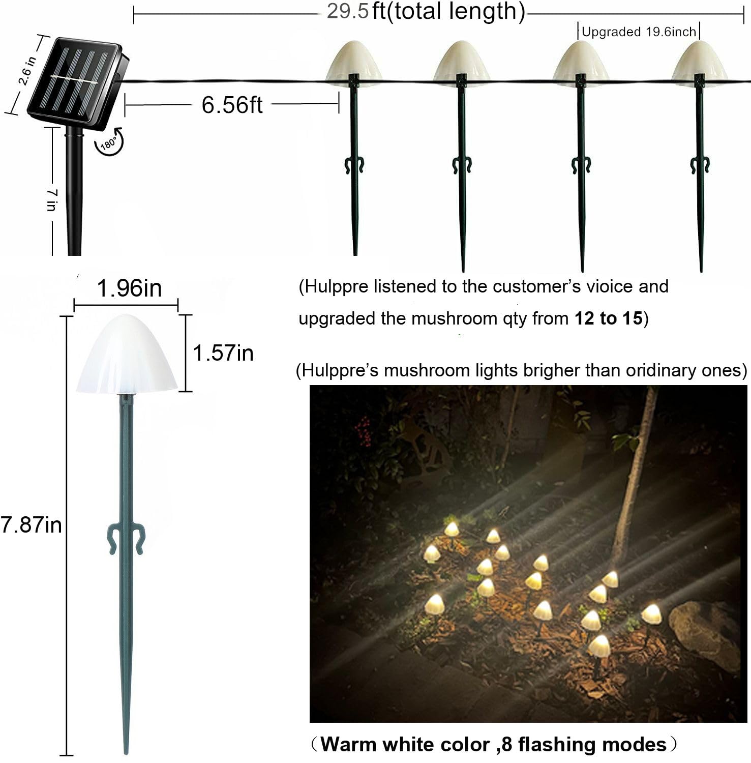 Mushroom Solar Lights-Set of 15pcs 29.5ft Fairy Solar String Light,Warm White 8 Modes Outside Solar Pathway Lights,Outdoor Decoration for Garden,Backyard,Lawn,Party,Christmas