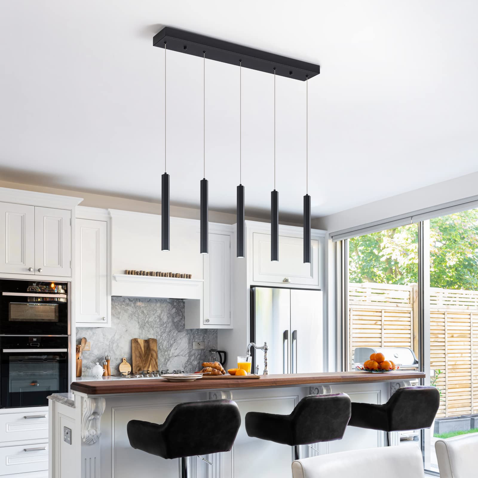 Modern Pendant Lighting 5-Light Linear Chandeliers Dimmable LED Pendant Lights Kitchen Island Lighting with Matte Black Finish and Acrylic Shades for Kitchen Island and Dining Room…