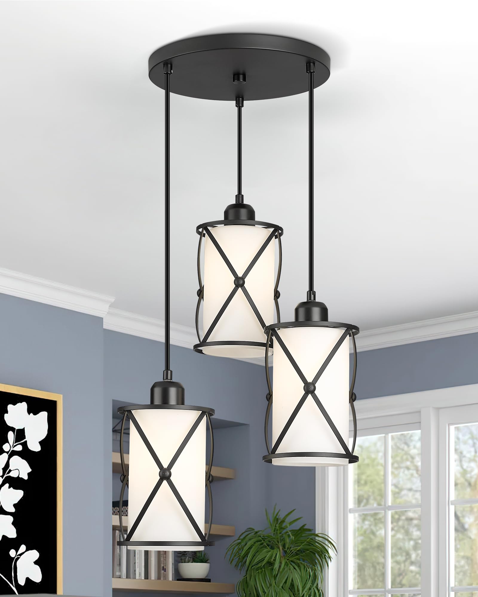 Brushed Gold Pendant Light Fixtures, 3-Light Modern Dining Room Cluster Pendant Light with Milky Glass, Mid Century Cage Hanging Pendant Lighting for Kitchen, Adjustable, CH9176BGW3