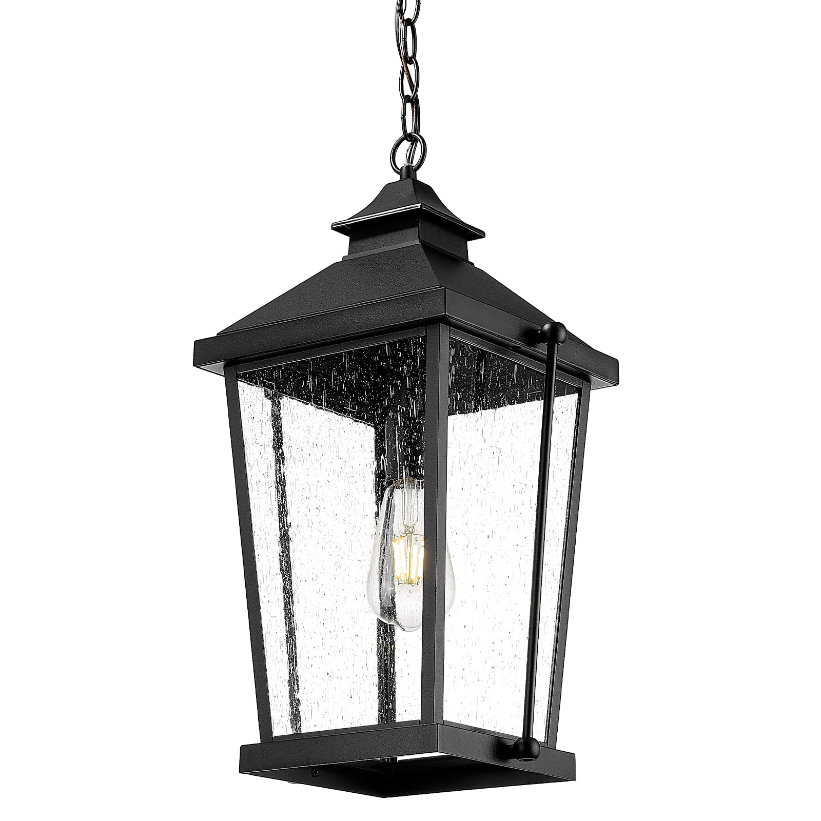 20 Inch Outdoor Pendant Lights for Porch, Modern Outdoor Hanging Porch Light, Die-Cast Aluminum with Seeded Glass, Black Finish, ZW105H-M BK