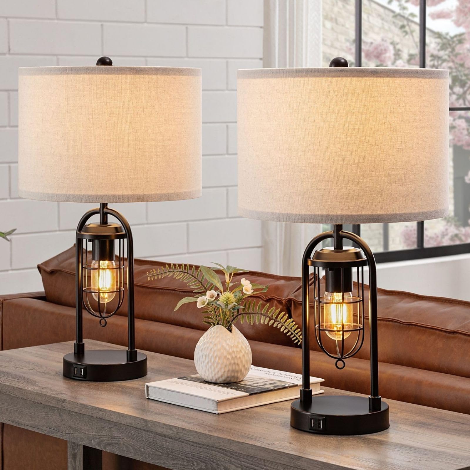 Set of 2 Farmhouse Table Lamps with USB Ports and Night Light Modern Nightstand Lamp Set of 2 for Living Room Bedroom（Bulbs Included）