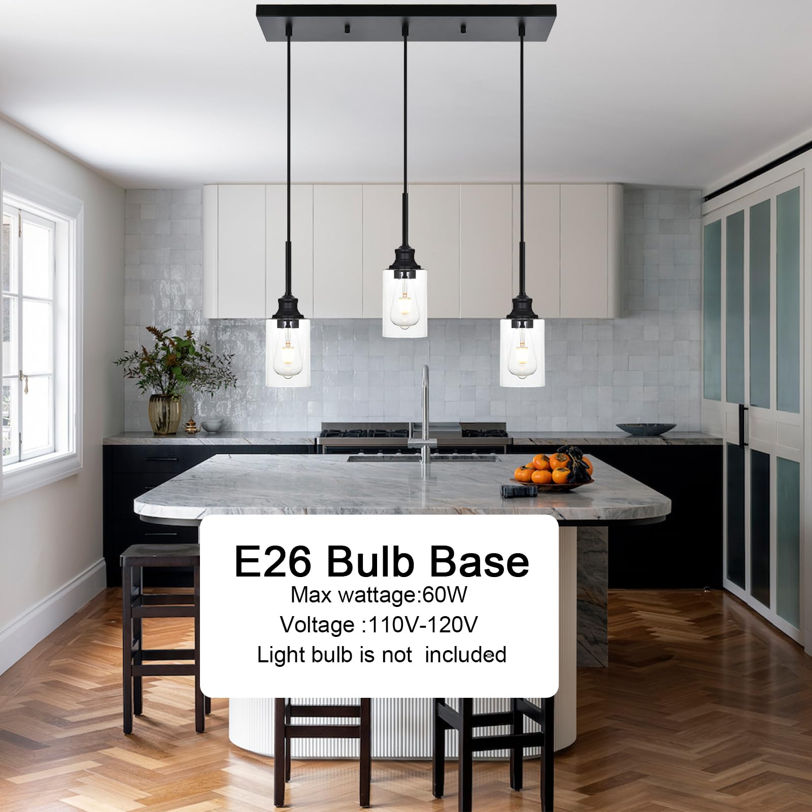 3-Light Kitchen Island Pendant Light Fixtures Hanging Black Farmhouse Pendant Lighting Cluster with Clear Glass Shade, Modern Industrial Linear Chandeliers Light for Dining Room Foyer Hallway