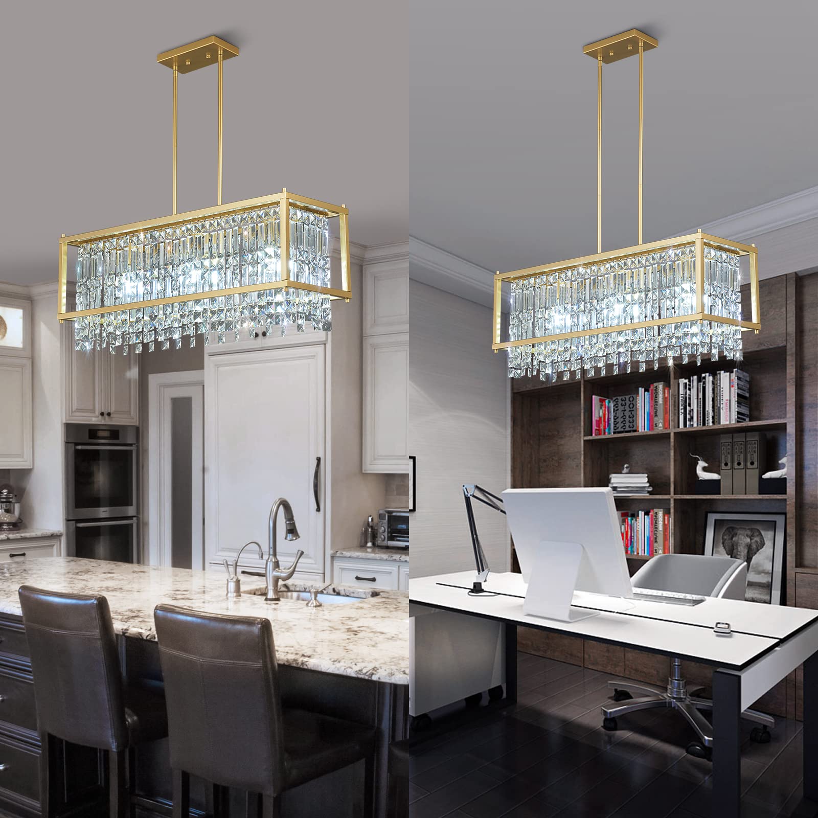 4-Light Dining Room Light Fixture 11.81 inch Square Lndustrial Farmhouse Chandelier Gold Metal Crystal Pendant Light for Kitchen Island Dining Room Living Room Flat and Inclined Ceiling