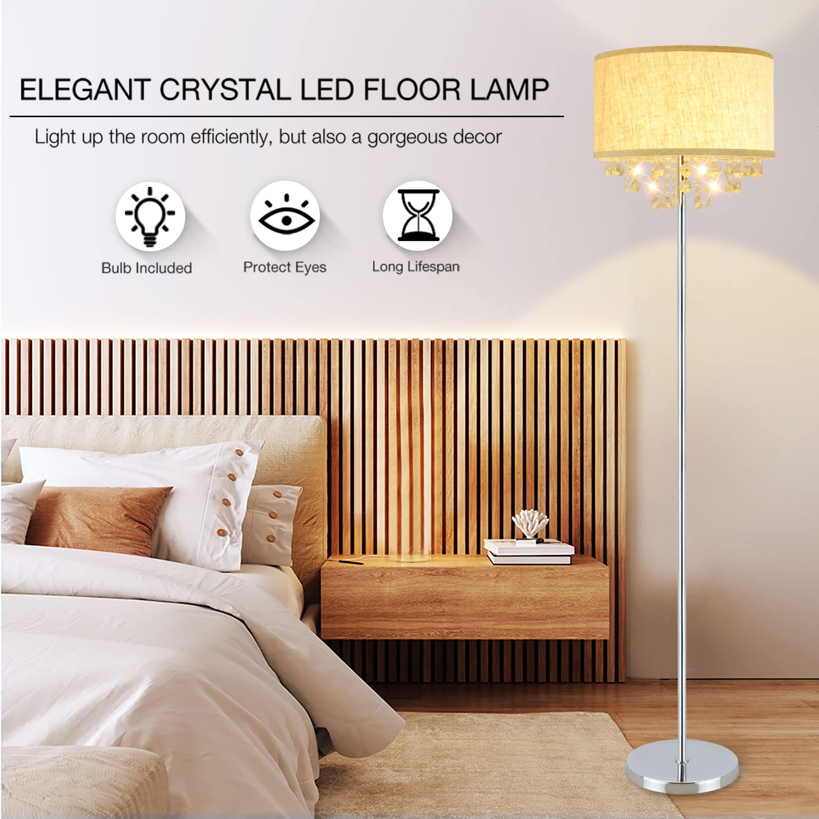 DLLT LED Floor Lamp for Living Room, Crystal Elegant Reading Standing Light for Kids Bedroom, Suit Mid Century, Modern & Farmhouse Rooms, Tall Pole with Fabric Drum Shade, Brass, E26 Warm Light