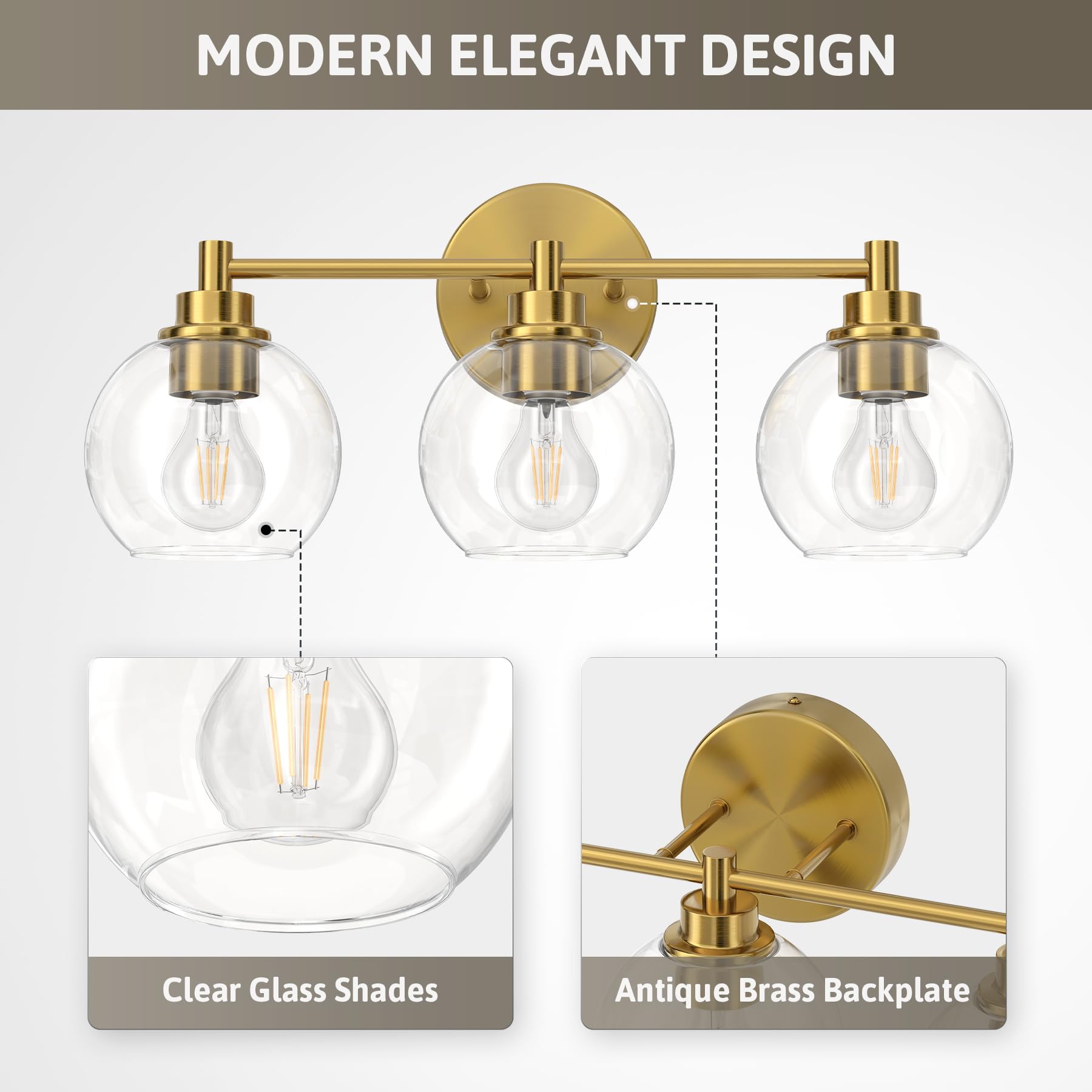 Bathroom Light Fixtures, 2-Light Bathroom Vanity Light with Globe Glass Shades E26 Sockets, Bathroom Lights Over Mirror for Bedroom Hallway Living Room, Gold Finish