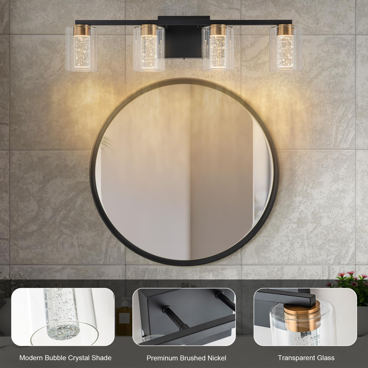 2-Light Brushed Nickel Vanity Light with 3 Color Modes (3000K/4000K/6000K), Eye Protection LED Bathroom Light Fixture, Dimmable Modern Wall Light Over Mirror with Clear Glass Shade