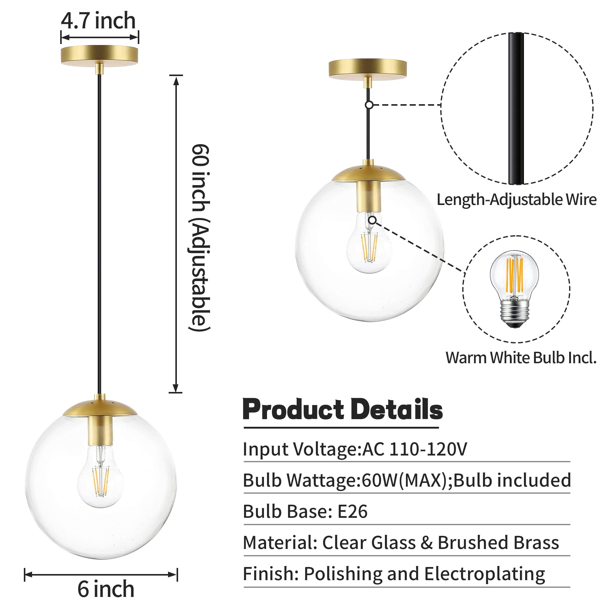 6-inch Mini Modern Globe Pendant Light Clear Glass with Brass Finish Contemporary Mid Century Adjustable Hanging Light Fixture for Living Room Bedroom Kitchen