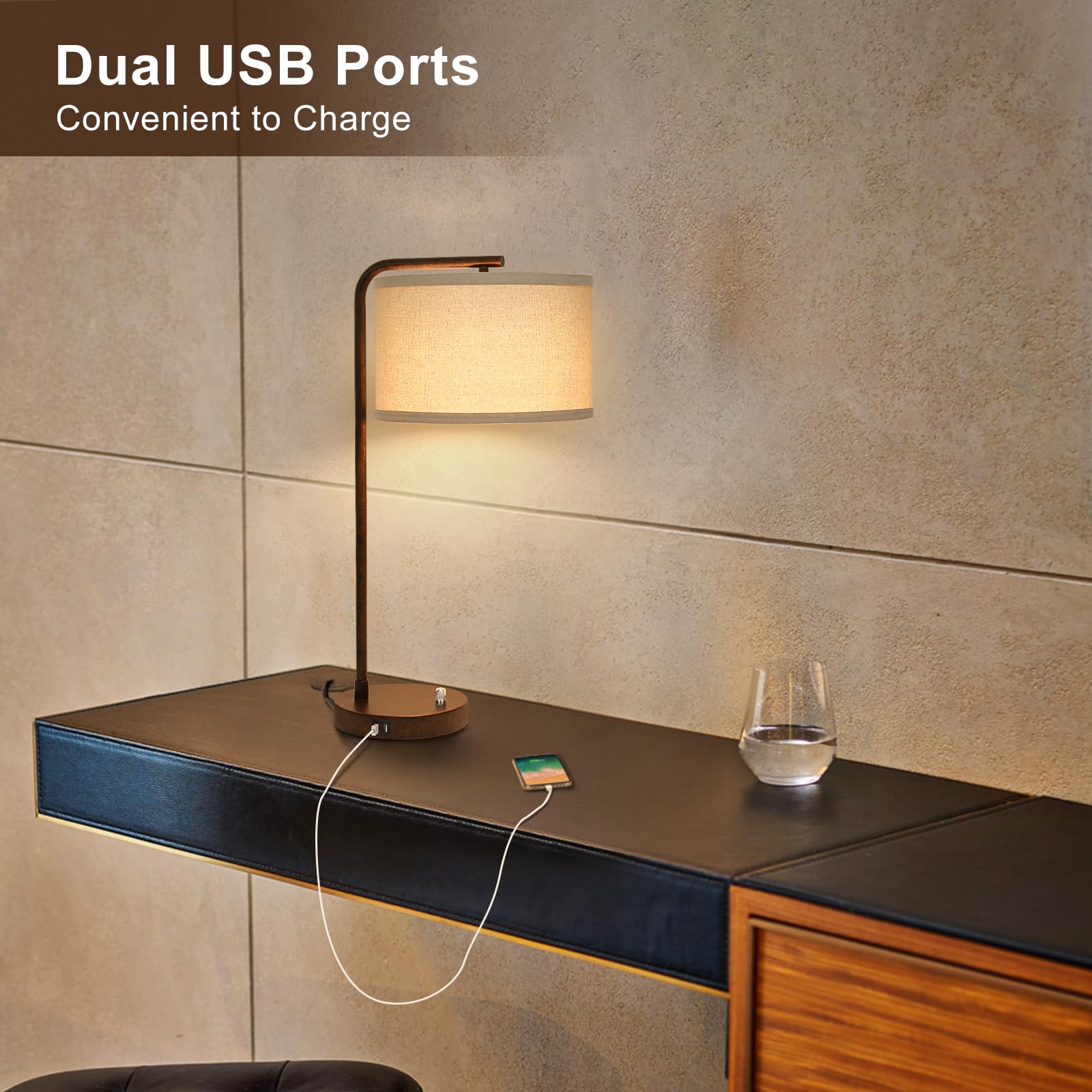 USB Bedside Lamp, Industrial Side Table Lamp with Dual USB Charging Ports, Fully Dimmable Nightstand Lamp, Tall Reading Lamp Desk Lamp for Bedroom, Living Room, Office, 9W LED Bulb Included