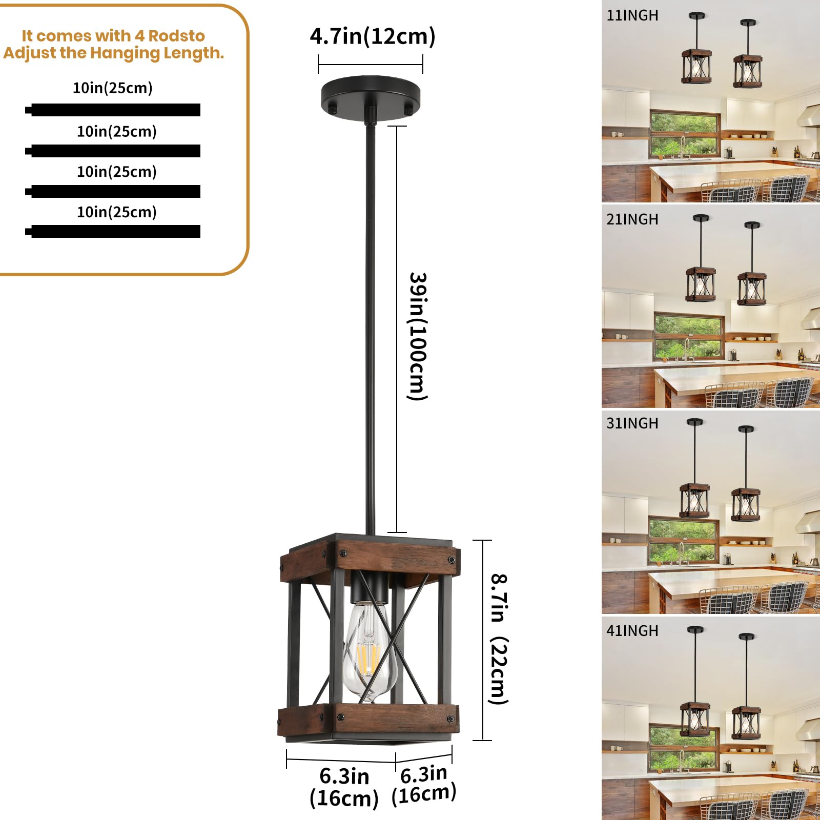 Farmhouse Kitchen Island Light, 3 Lights Pendant Lighting Fixture, Rustic Wood Chandelier, Adjustable Height Metal Linear Light for Dining Room Kitchen Bar Pool Table.