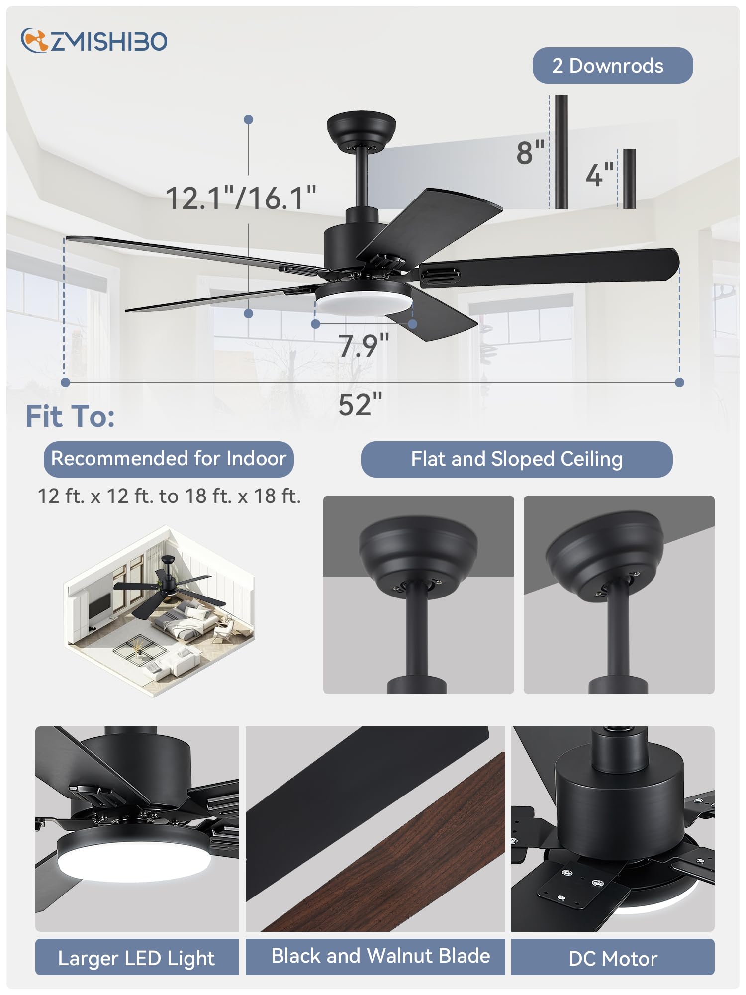 52" Ceiling Fans with Lights, Black Modern Ceiling Fan with Remote, Farmhouse Indoor Ceiling Fan with Dual Finish Blades, Quiet & Strong Motor, Bright LED Light.