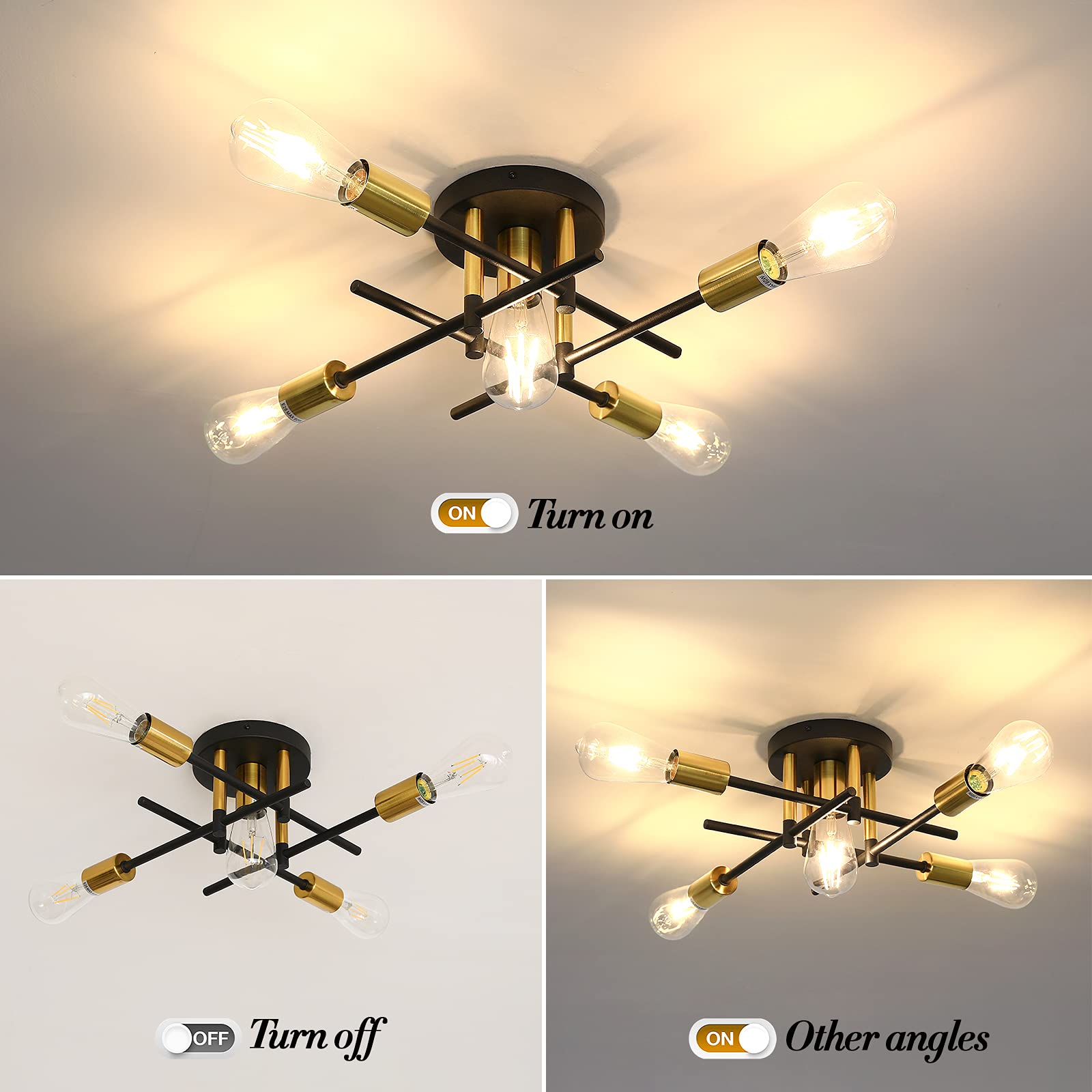 Farmhouse 5-Light Semi Flush Mount Ceiling Light Fixture with E26 Modern Matte Black and Gold Chandelier Sputnik Ceiling Lamp for Hallway Kitchen Dining Room Bedroom Study Living Room Bathroom