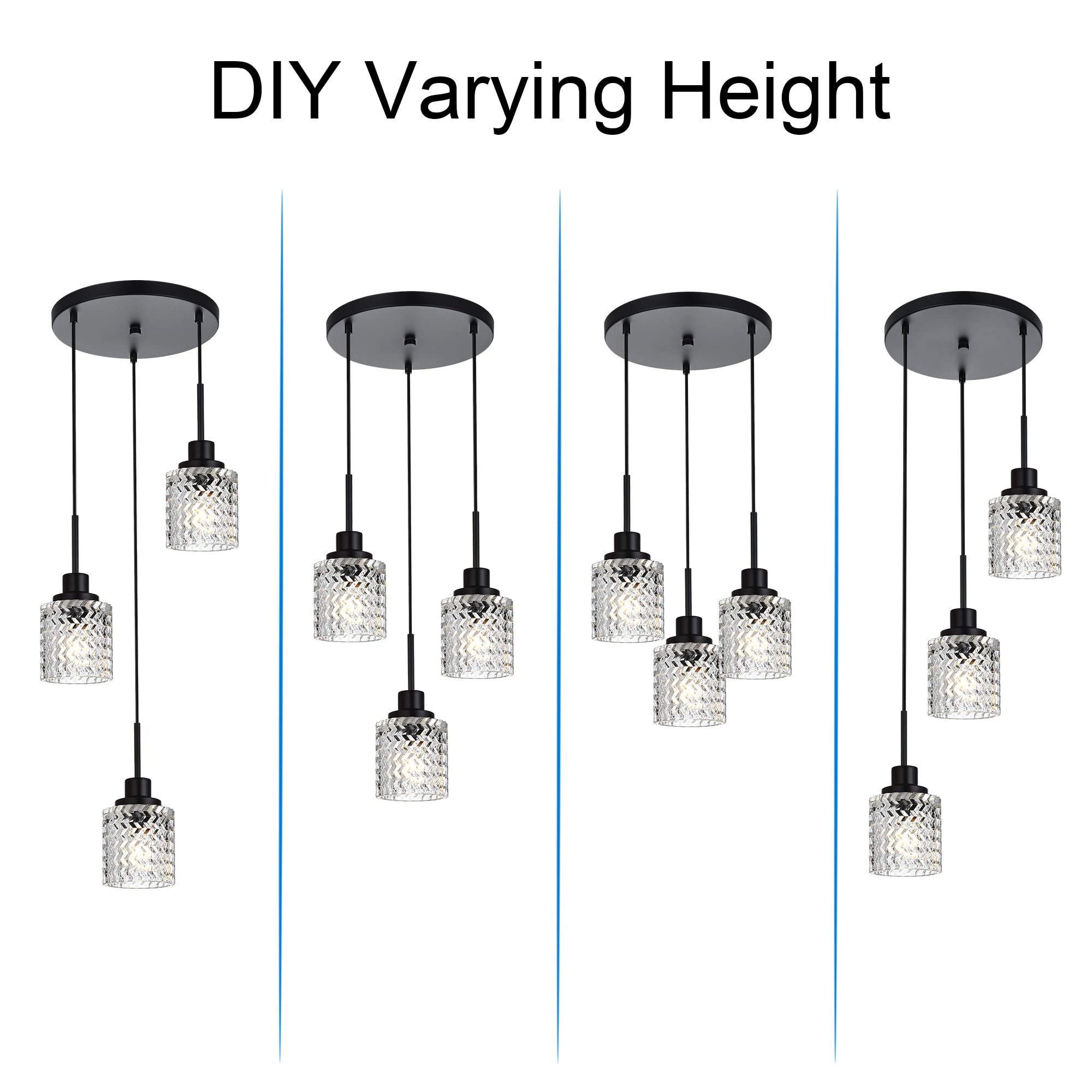 6 Lights Linear Chandeliers for Dining Room, Black Island Lighting Fixture Hanging Pendant Lights with Hammered Glass Shade for Kitchen Island, Dining Hall, Bar