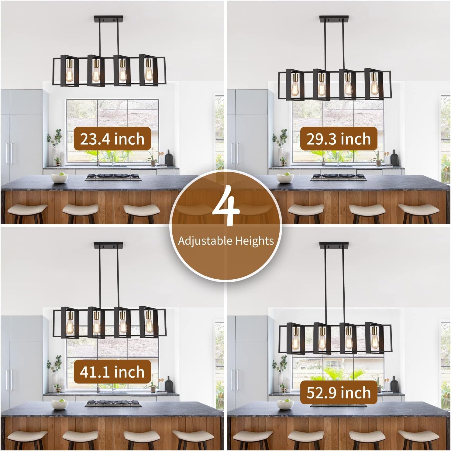 9MMML 3 Lights Kitchen Island Lighting, Modern Rectangle Linear Pendant Light, Black Frame+ Gold Socket Chandelier for Dining &Living Room Foyer Entryway Hallway,E26,Height Adjustable.