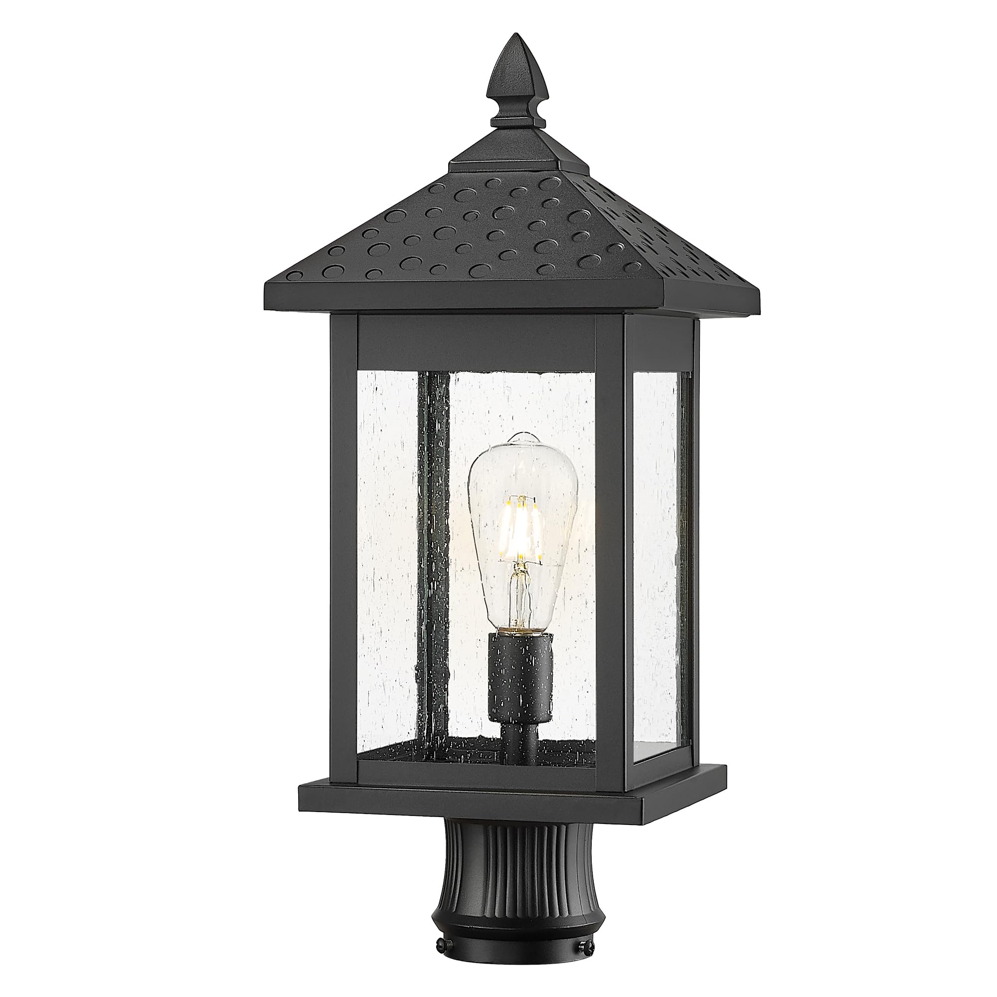 Outdoor Pendant Light for Patio, Exterior Metal Hanging Light with Seeded Glass, Black Finish, DE280HM BK