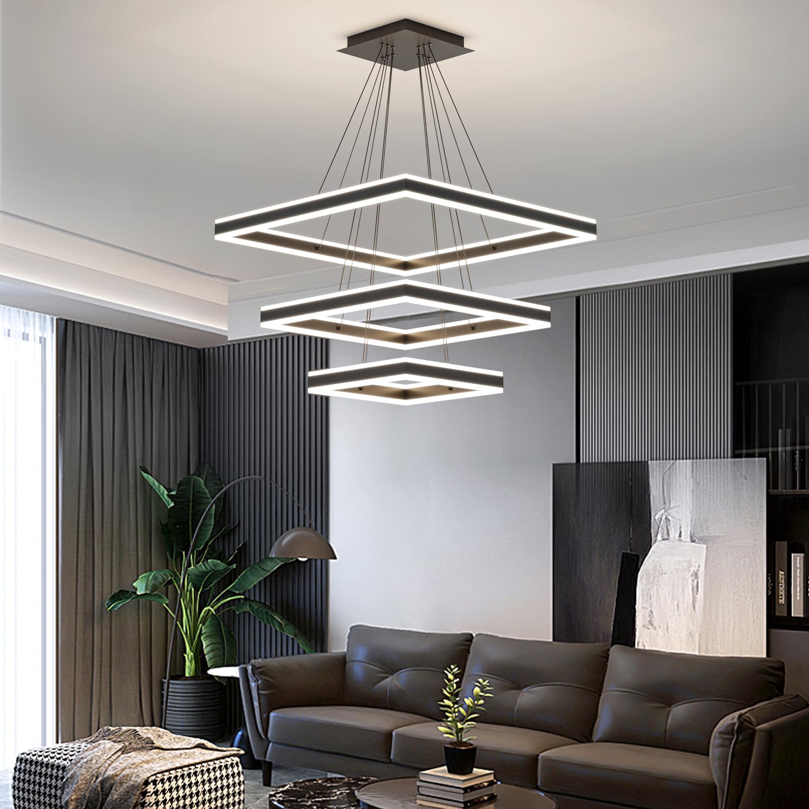 Modern LED Chandelier, Double Rectangles Ceiling Pendant Lights, LED Island Lights Dimmable Chandeliers for Dining Room Living Room Bedrooms, Black (40CM/60CM)