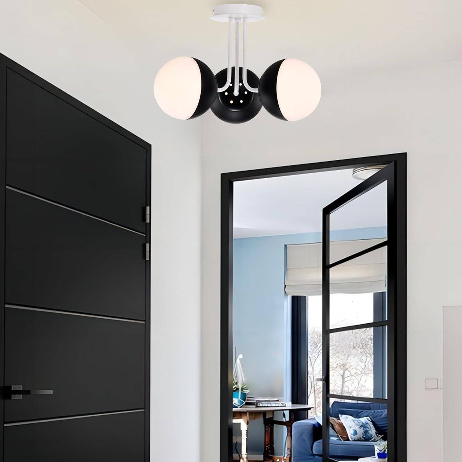 Black Semi Flush Mount Ceiling Light Fixture Globe Ceiling Light 3 Light Ceiling Fixture for Dining Room