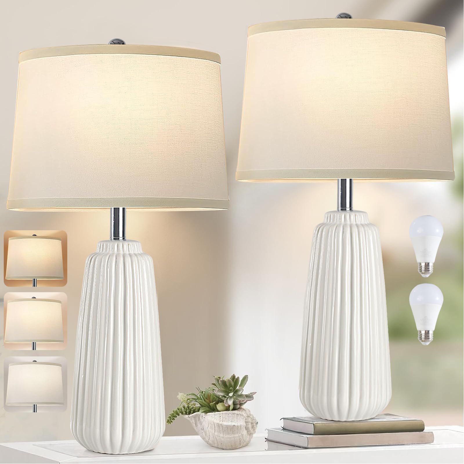 Ceramic Table Lamps Set of 2, 25Inch Modern White Table Lamps for Bedroom Living Room with 3 Color Temperature - 3000K/4000K/6000K, Coastal Lamps for Nightstand Bedside with 2 LED Bulbs, 9W