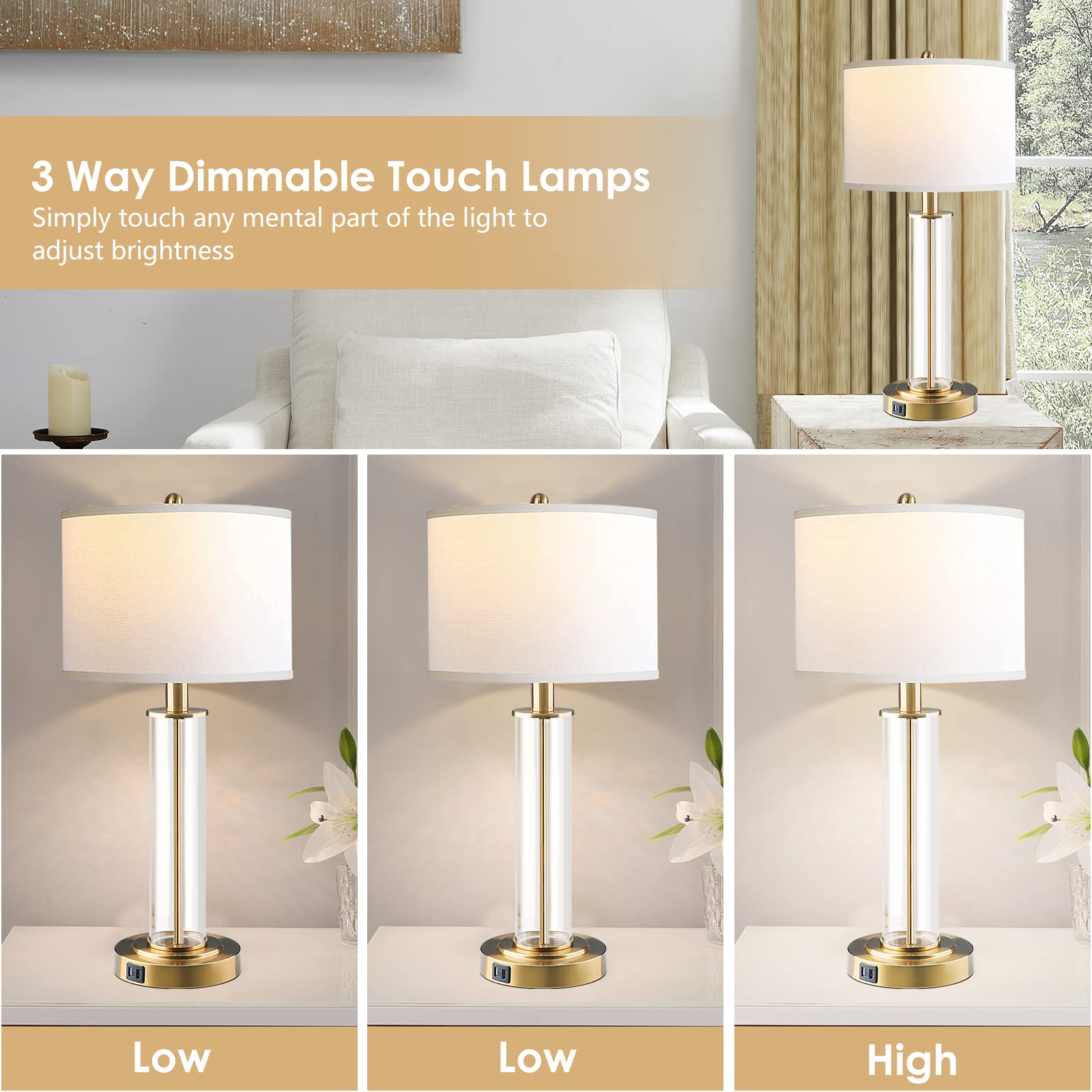 Table Lamps for Bedrooms Set of 2, 26'' Tall Glass Bedside Table Lamp with Dual USB Charging Ports,Touch Bedroom Modern Lamps with Gery Fabric LampShade for Nightstand Living Room,Bulbs Included