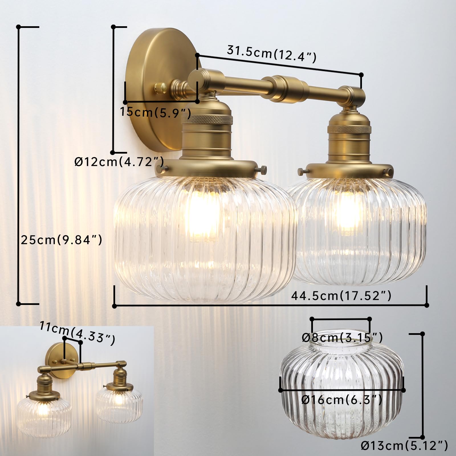 2-Lights Industrial Glass Wall Sconces, Antique Brass Clear Striped Globe Shade Wall Light Fixture for Bathroom Vanity, Bedroom, Dining Room, Living Room, Farmhouse, Stairs