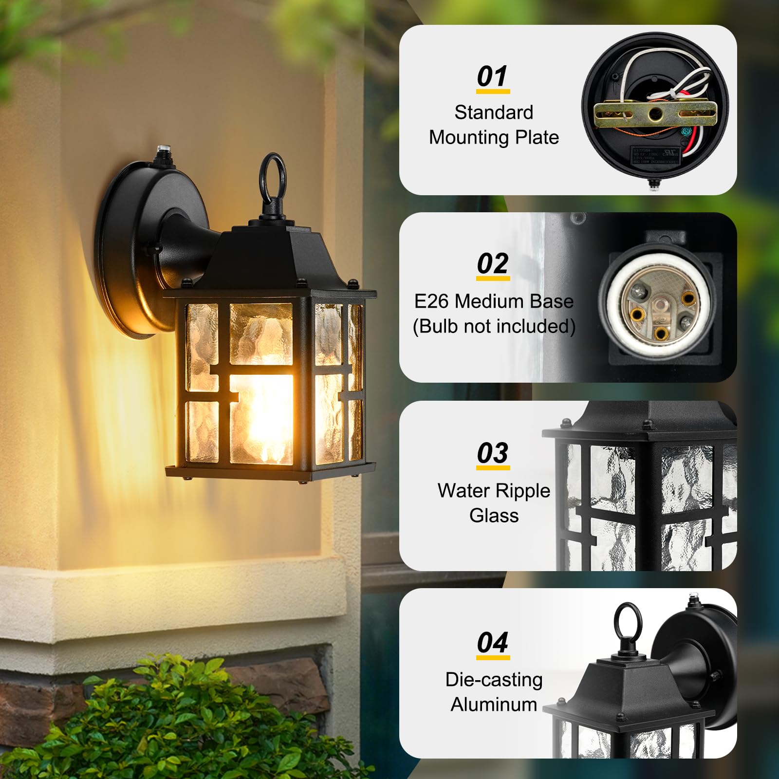 2 Pack Dusk to Dawn Outdoor Wall Lights, Exterior Lantern Porch Sconce Lighting Wall Mounted with Water Ripple Glass Shade, Anti-Rust Wall Lamp Outside Lights for House Garage Front Door Patio