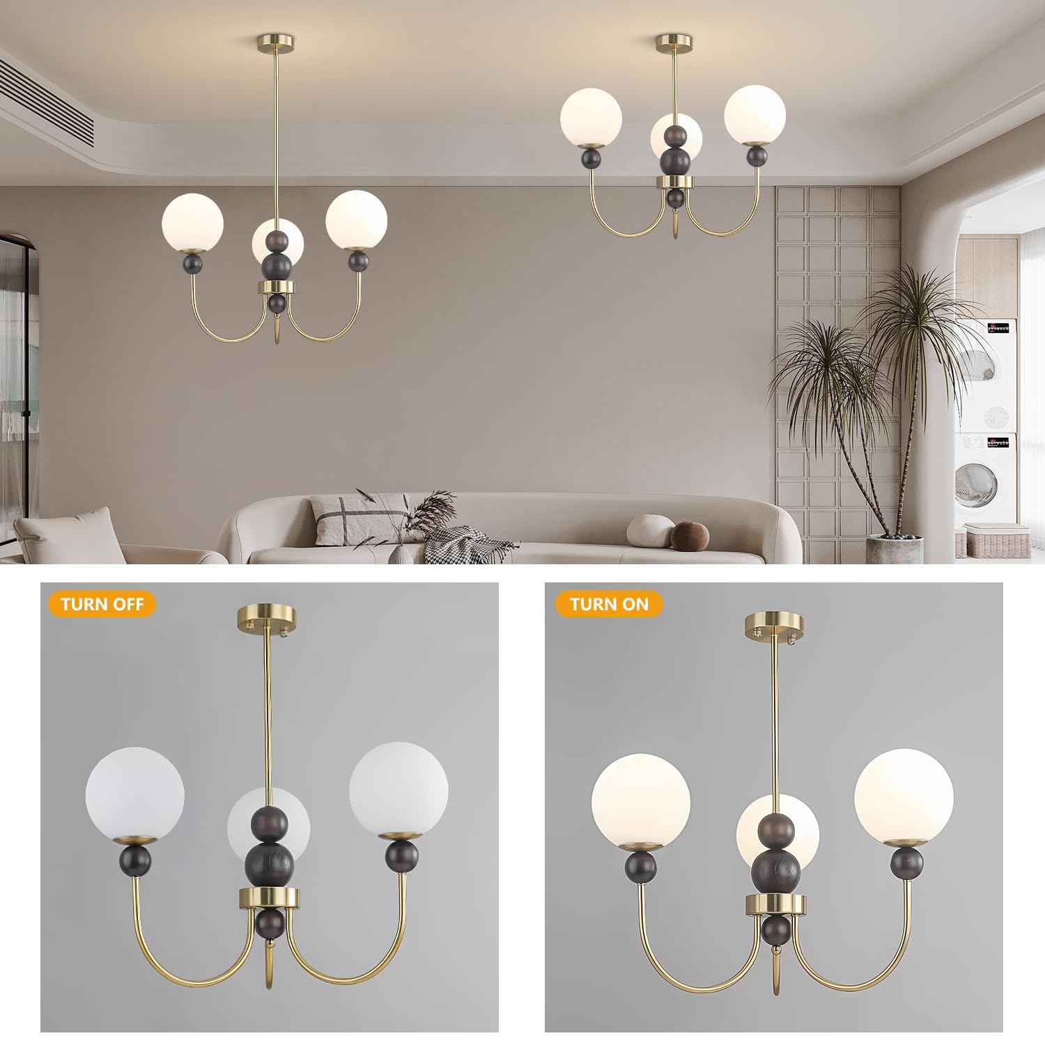 Modern Glass Chandelier Vintage Globe Pendant Light Gold Wooden 5-Light Semi Flush Mount Ceiling Light Fixture Kitchen Island Sputnik Chandeliers for Living Room Dining Room Restaurant