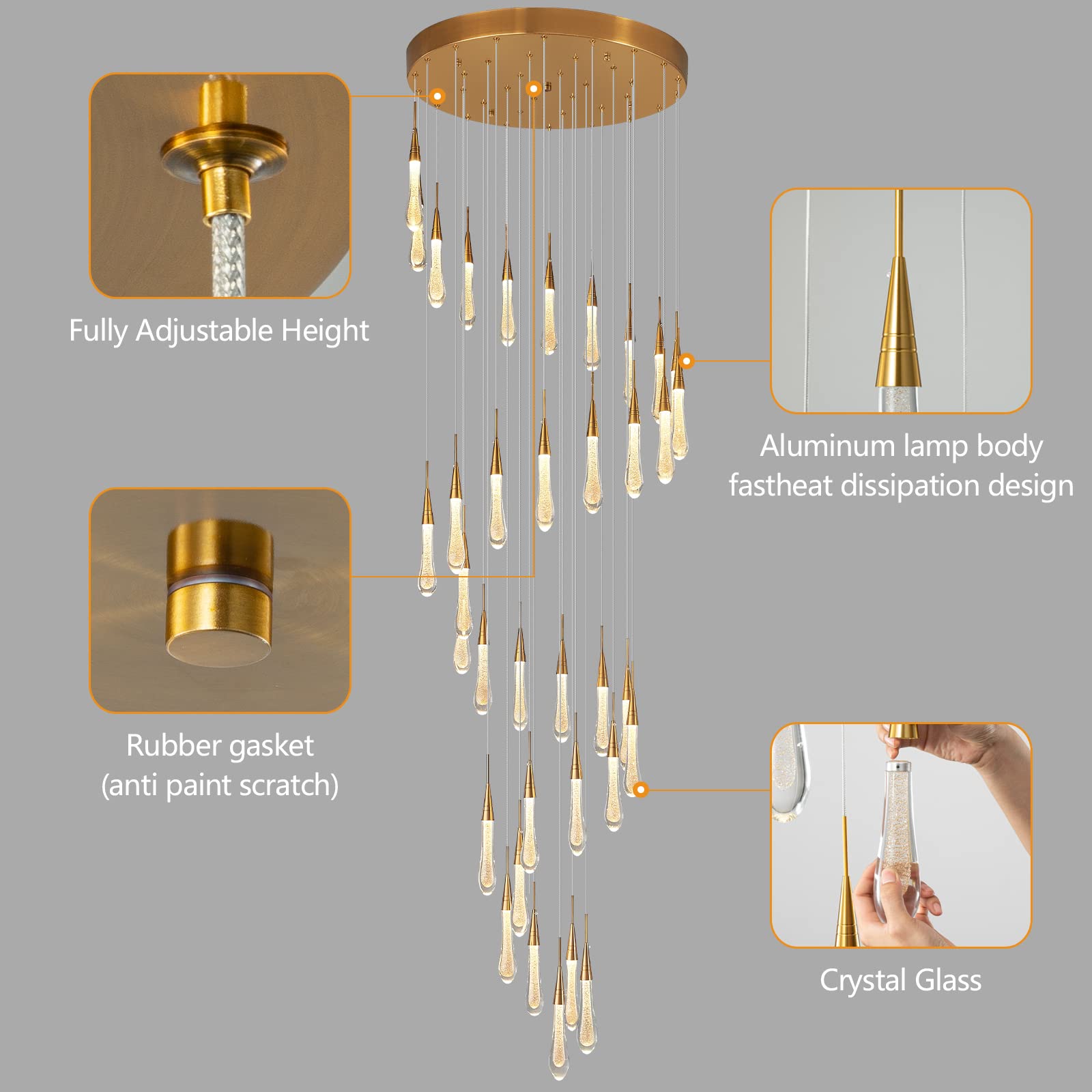 Kitchen Light Fixtures Ceiling Dimmable LED Modern Gold Pendant Light Mini Teardrop Crystal Pendant Light for Kitchen Island Bedroom Hallway Entryway (5-Light)