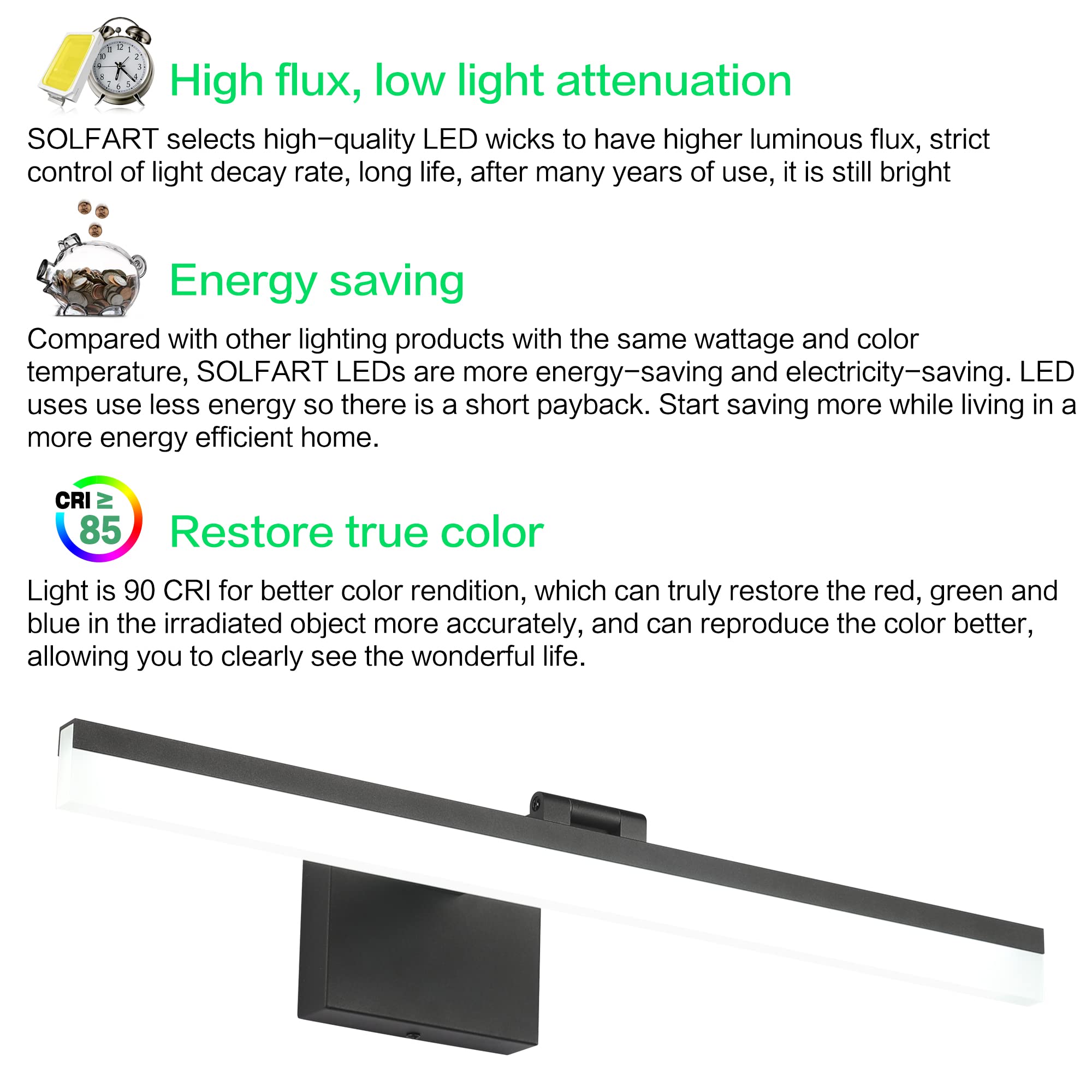 Dimmable Black Vanity Light Bar Lighting Fixtures Modern Bathroom Light Fixtures 6000K Rotatable White Aluminum LED Light