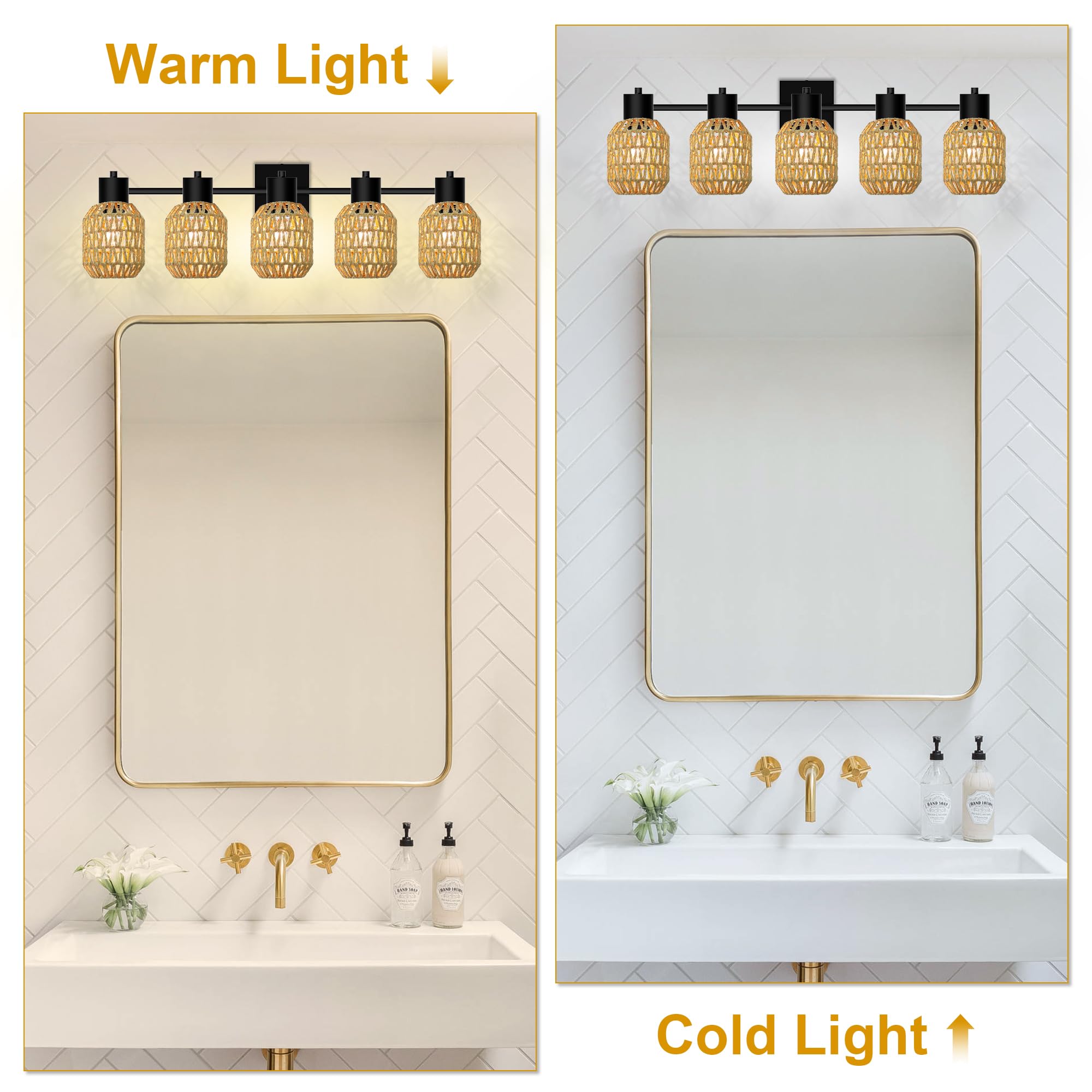 Rattan Wall Sconces Set of Two, Boho Bathroom Vanity Lighting Fixtures over Mirror, Hardwired Farmhouse Wall Lamp with 330°Adjustable Arm for Living Room, Bedroom and Hallway, E26 Base (Not Included)