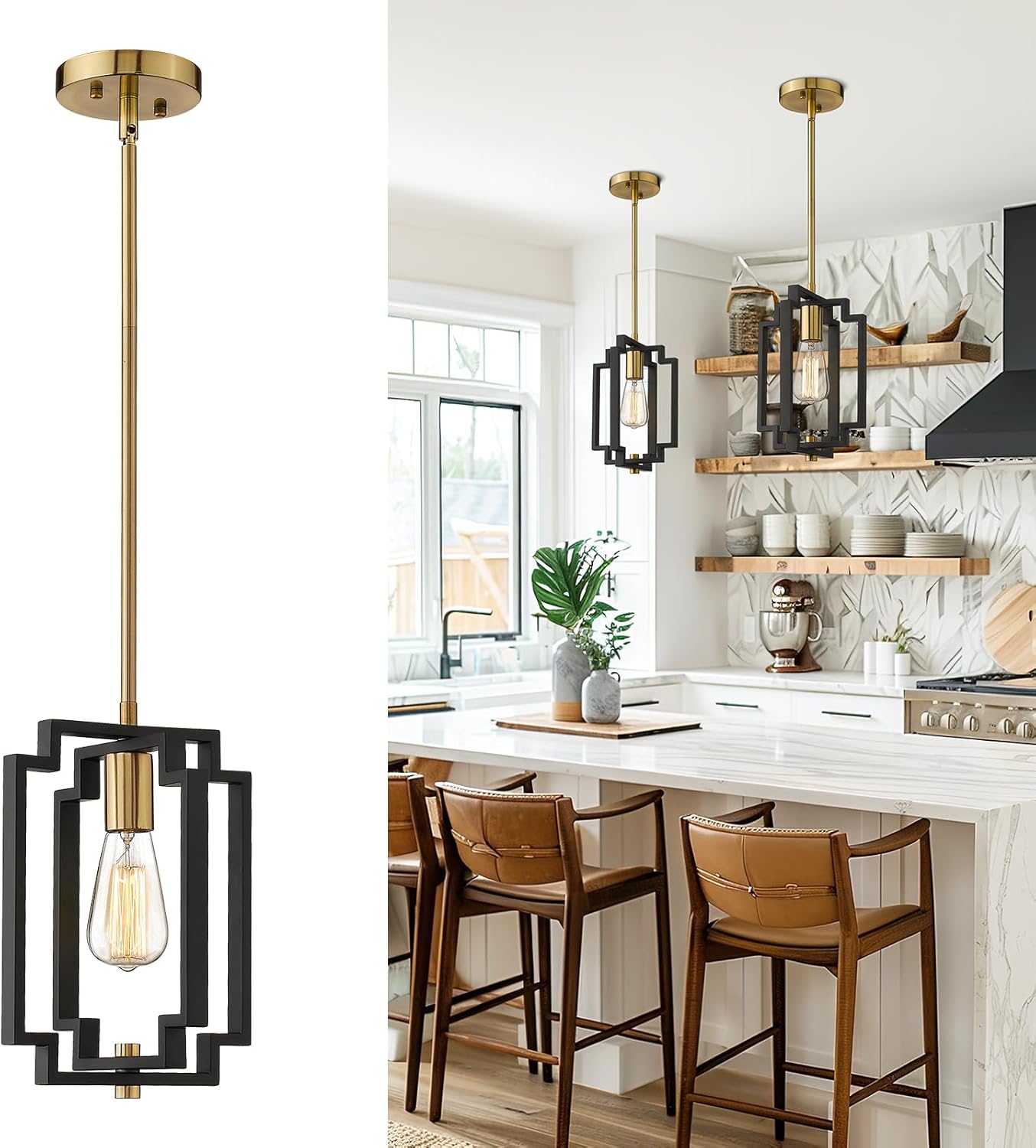 Industrial Pendant Light, 1-Light Kitchen Hanging Light Fixture Adjustable, Black and Gold Finish, JE1981M1L BK+G