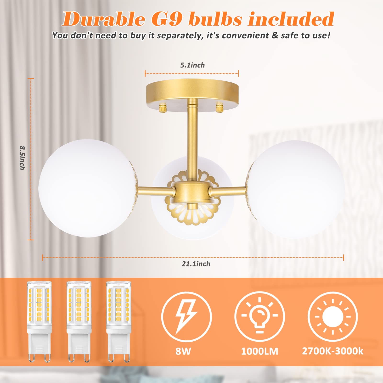 5-Light Gold Chandelier, Globe Modern Sputnik Light Fixture with Frosted Glass, Vintage Semi-Flush Mount Ceiling Light for Dining Room, Large Pendant Lighting for Kitchen Living Room Bedroom