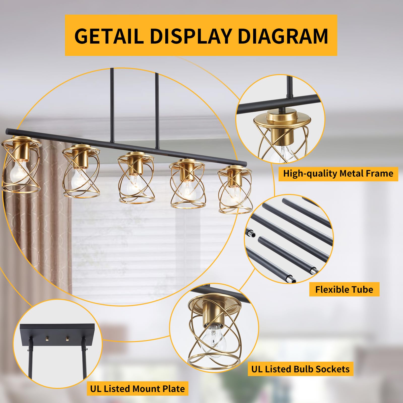 Kitchen Island Light, 5-Light Dining Room Lighting Fixtures Hanging, Farmhouse Linear Pendant Light for Kitchen Island Table Living Room with Adjustable Rods, Black Metal