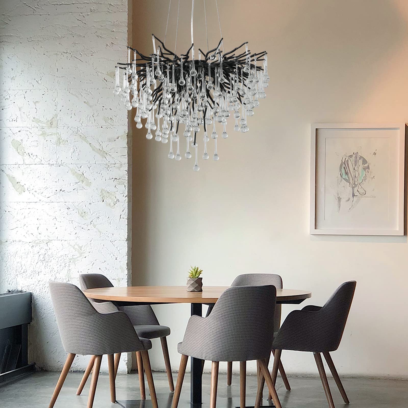 Black Crystal Chandelier, Modern Ceiling Pendant Flower Hanging Lighting Frosted Tree Branch Raindrop Chandelier Light Fixture for Dining Room, Living Room, Bedroom, Entryway (Dia 24" Round)