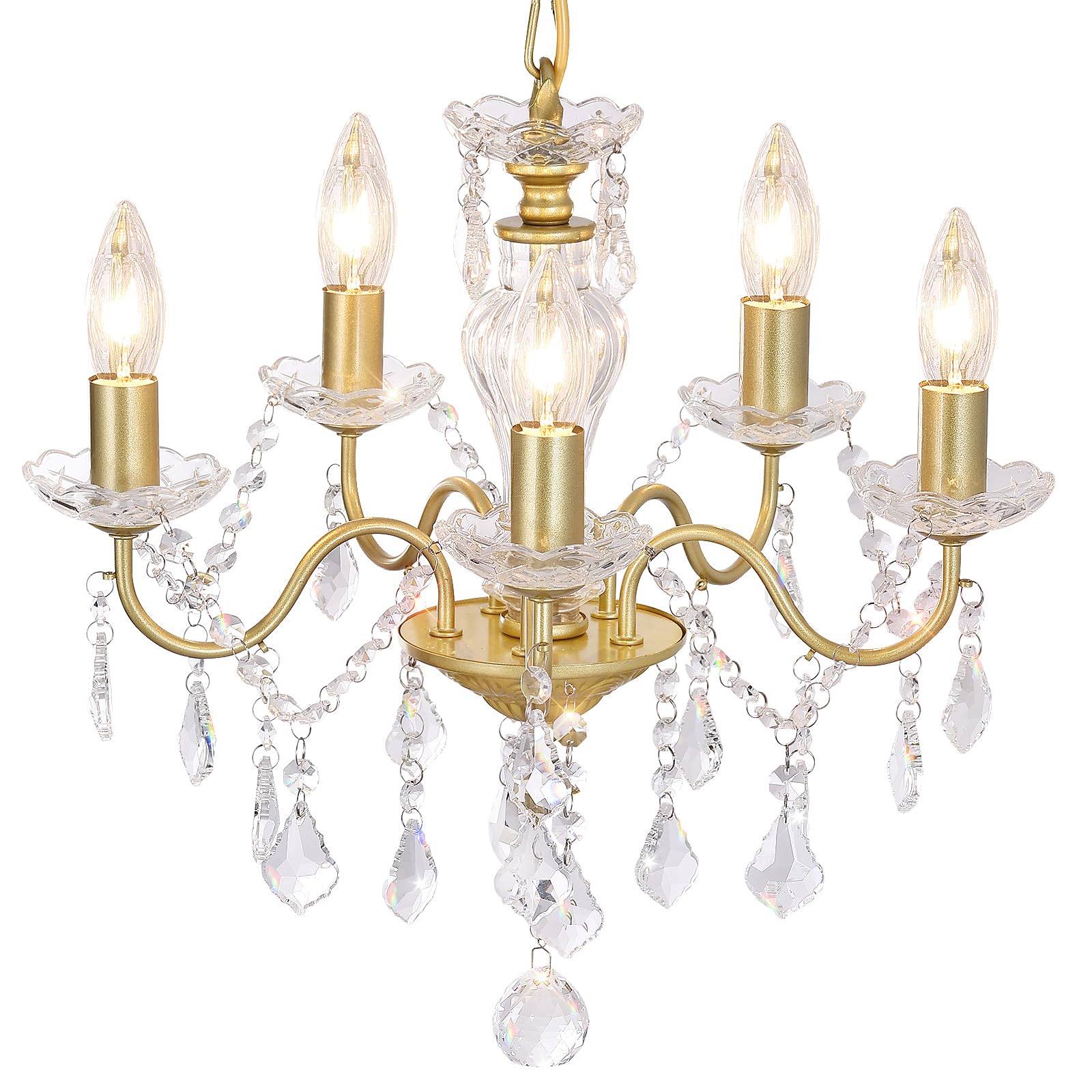 Modern 5-Light Gold Chandelier with Glass Crystals, Candle Style Pendant Light Fixtures for Living Room, Girls Room, Kitchen Island, Entryway