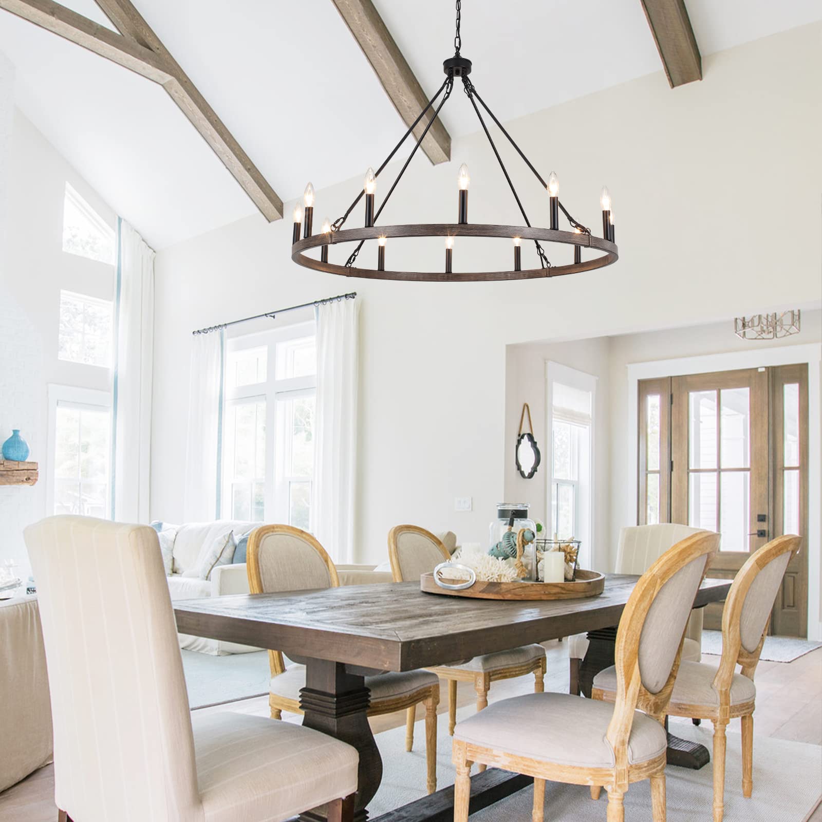 Farmhouse Chandelier for Dining Room 4 Light French County Chandelier White Wooden Rustic Pendant Light Fixtures for Hallway Foyer Living Room Entryway Kitchen Island Bedroom