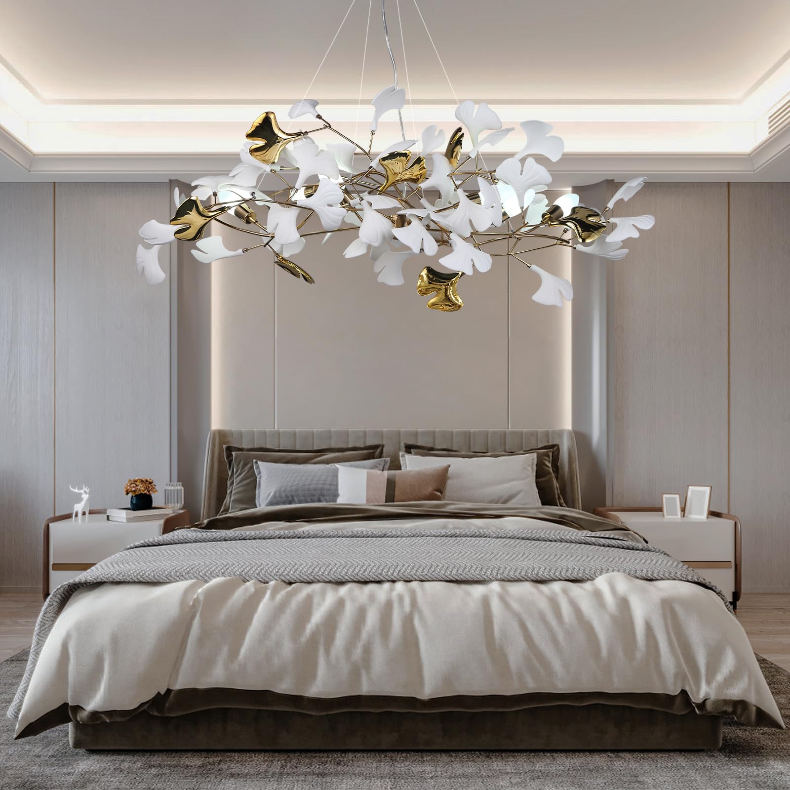 59 Inch White Rectangle Chandelier Ceramic Ginkgo Leaf Chandeliers Brass Large Chandeliers Modern Art Deco Chandelier for Dining Room Living Room,10-Light