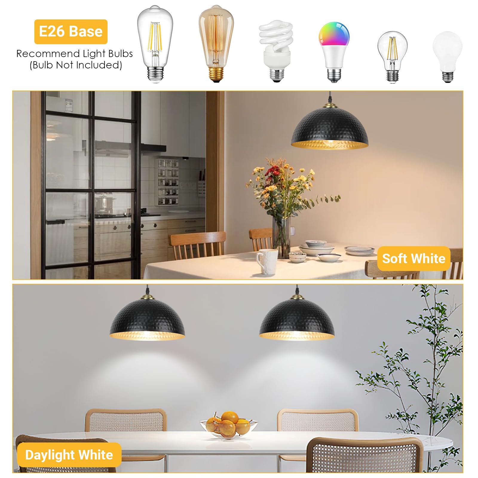 Pendant Lights Kitchen Island, 2 Pack Industrial Pendant Light Fixtures Ceiling Hanging with Hammered Metal Shade, Black Pendant Lighting with Gold Lined, Height Adjustable