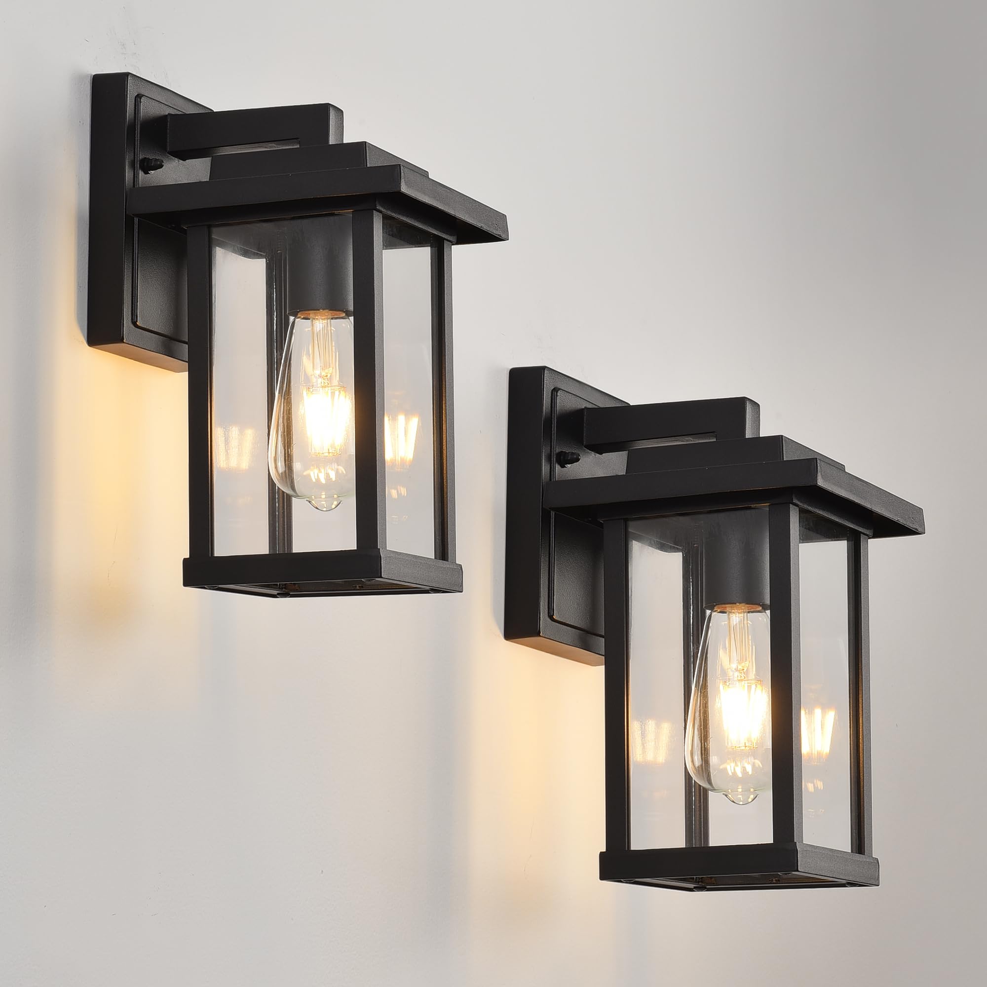 Outdoor Wall Light Fixtures, Modern Exterior Wall Mount Lanterns, Outside Wall Sconces in Black Finish with Clear Glass for Porch Patio Farmhouse, 2-Pack