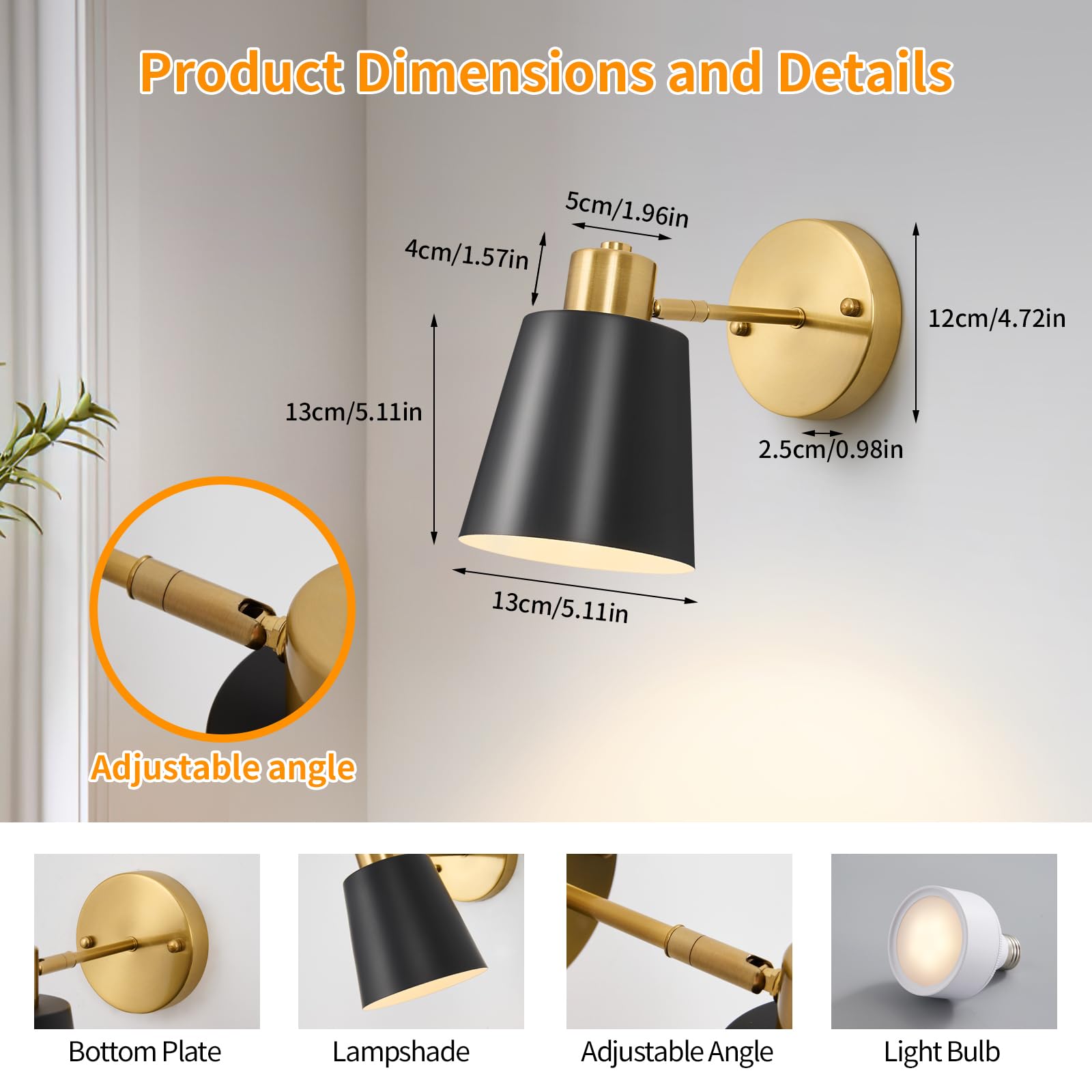 2 Pack Gold Magnetic Wireless Battery Operated Wall Sconces, Dimmable Battery Powered Wall Decor Set of 2, Cordless Indoor Wall Light Lamp with Remote Control for Bedroom Living Room