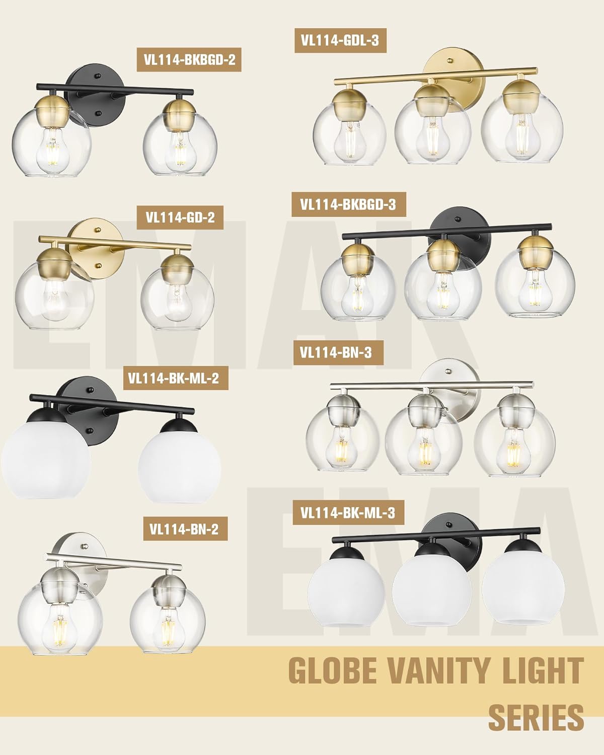 Black Vanity Lights for Mirror, Modern Farmhouse 2-Light Bathroom Light Fixtures Globe Bathroom Vanity Light with Milk Glass Shade, VL114-BK-ML-2