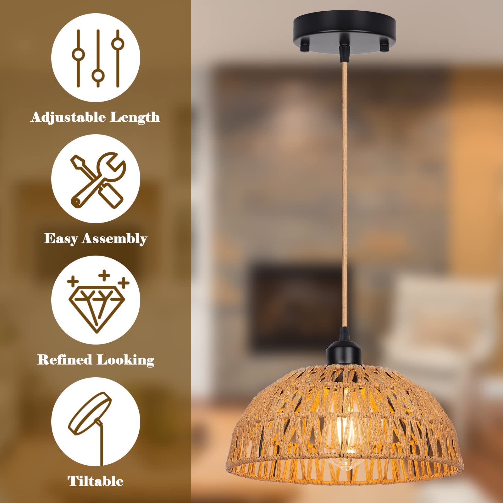 Rattan Pendant Light Fixtures 2 Packs, Boho Woven Basket Pendant Light, Handmade Wicker Hanging Lamp, Rattan Chandelier for Kitchen Island, Dining Room, Living Room, Bedroom, E26 Base