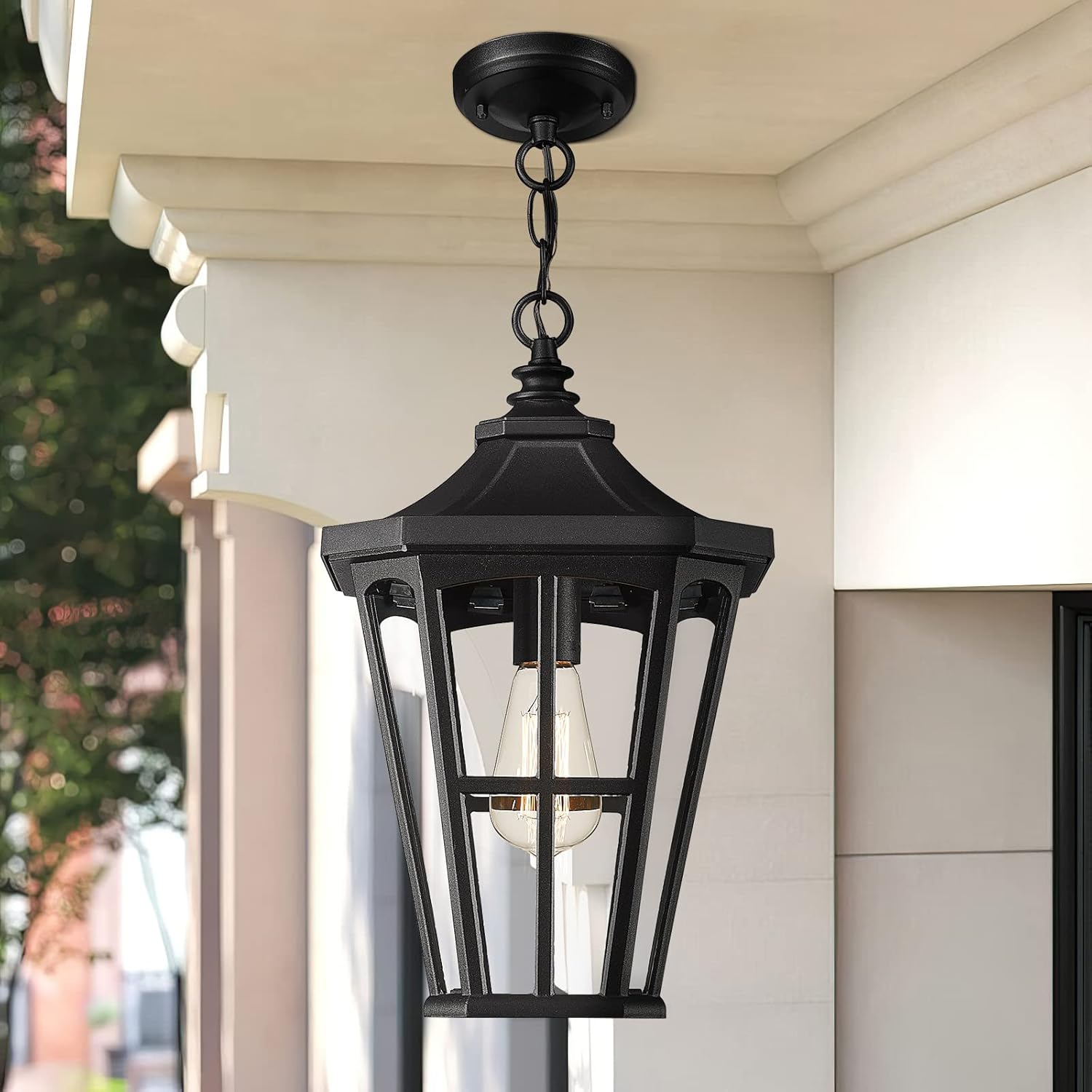 Farmhouse Outdoor Hanging Light for Porch - 16 Inch Large Exterior Pendant Light, Clear Glass Shade in Black Finish, XE221H BK