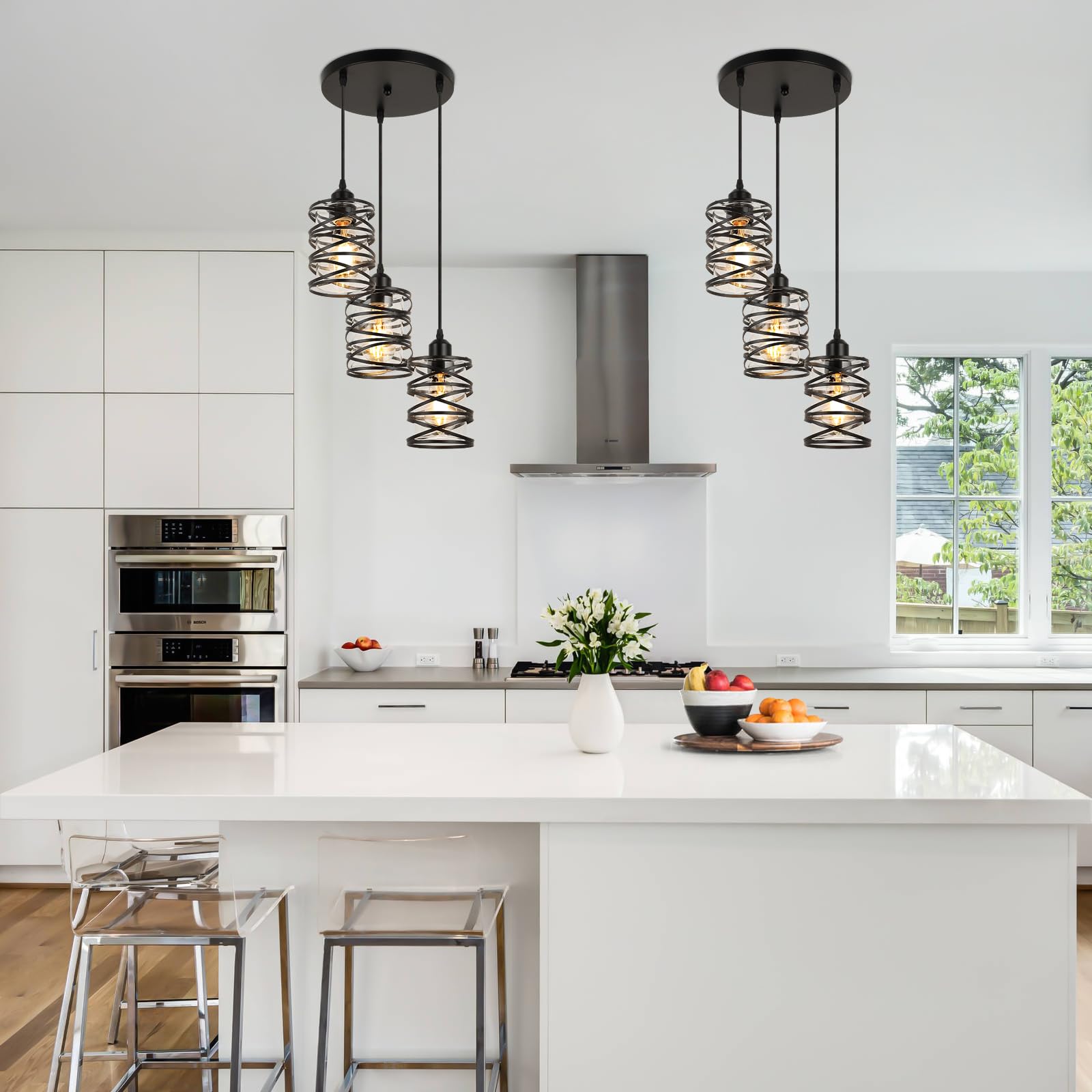 Brushed Nickel Pendant Lights for Kitchen Island, 5-Light Chandelier for Dining Room, Hanging Linear Chandeliers, Modern Dining Room Light Fixtures Pendant Light with Clear Glass Shades