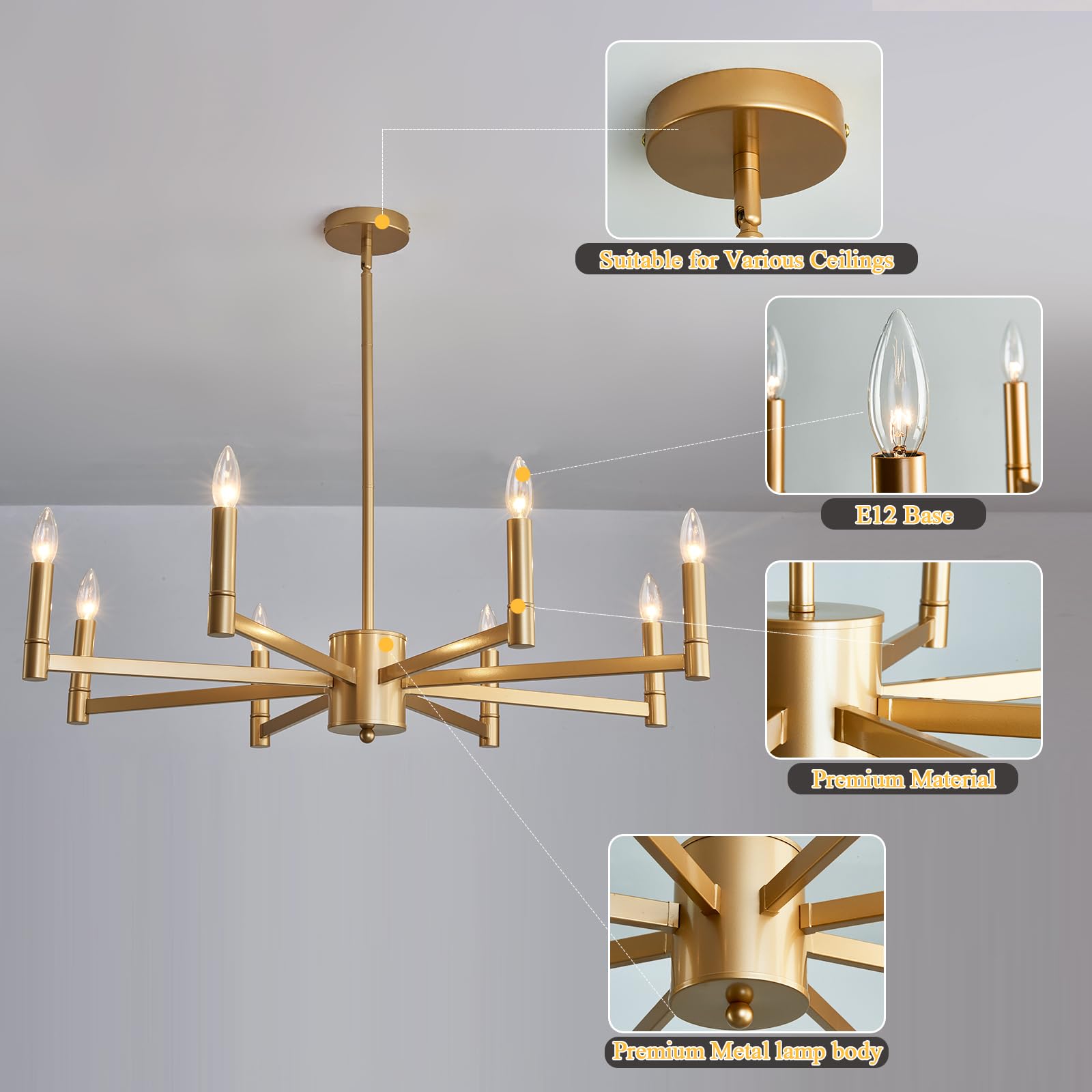 8-Light Gold Candle Chandeliers Modern Farmhouse Ceiling Light Fixture Industrial Lighting for Dining Room Living Room Bedroom Kitchen Island Foyer