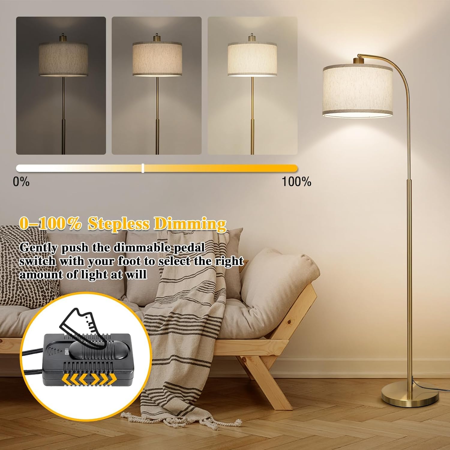 LED Floor Lamp Fully Dimmable Modern Standing Lamp Arc Floor Lamp with Adjustable Drum Shade, Gold Tall Pole Reading Lamp Corner Light for Living Room Bedroom Study Room, Bulb Included