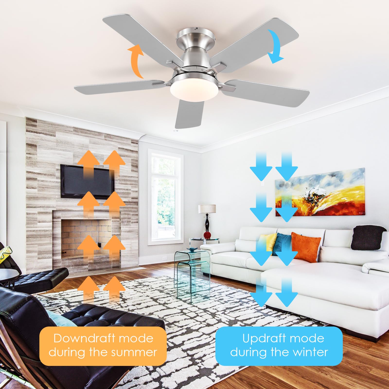 Ceiling Fans with Lights- 46"Low Profile Indoor Ceiling Fan with Light and Remote/APP Control, Flush Mount, LED Dimmable DC Reversible Modern Ceiling Fan for Bedroom（Black）