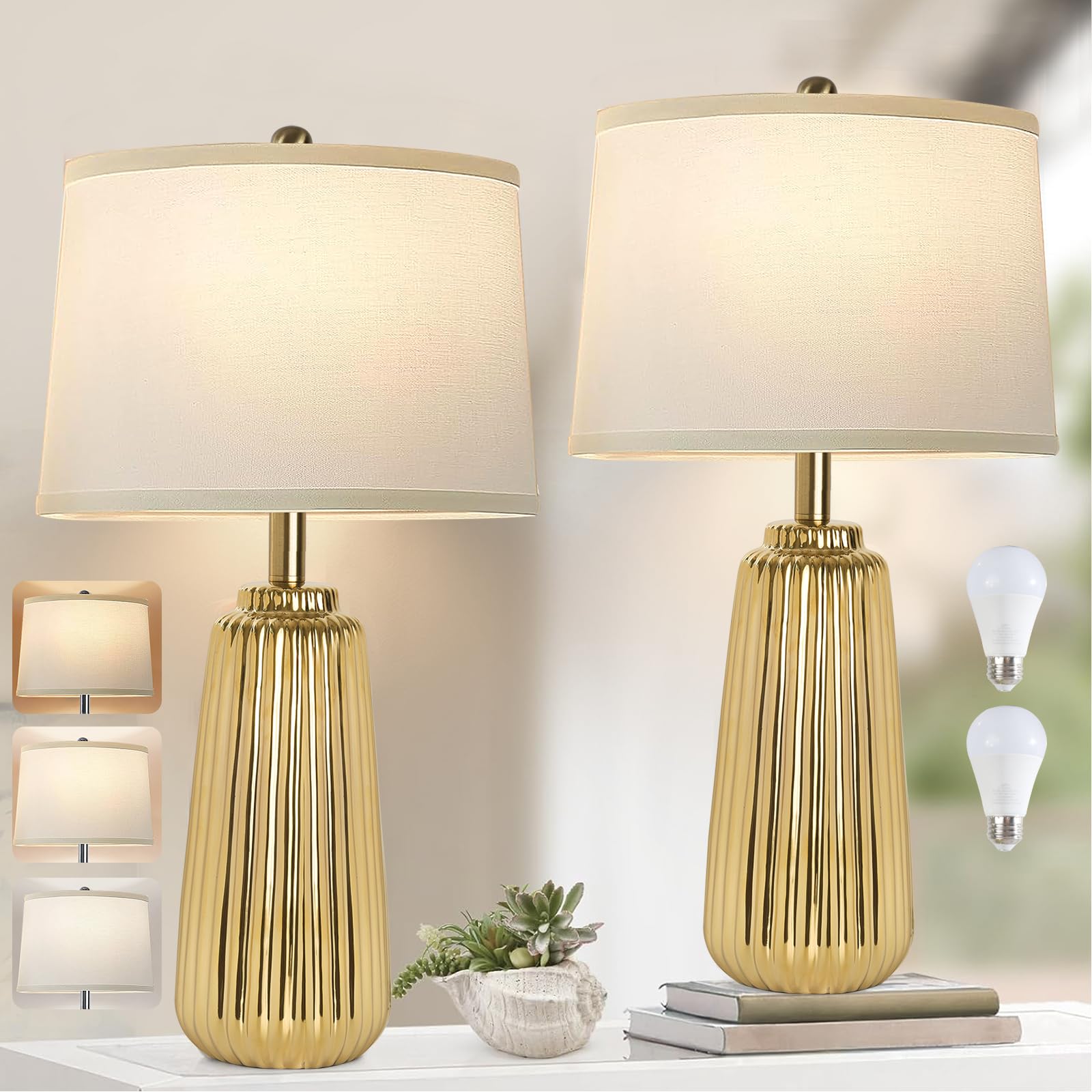 Ceramic Table Lamps Set of 2, 25Inch Modern White Table Lamps for Bedroom Living Room with 3 Color Temperature - 3000K/4000K/6000K, Coastal Lamps for Nightstand Bedside with 2 LED Bulbs, 9W